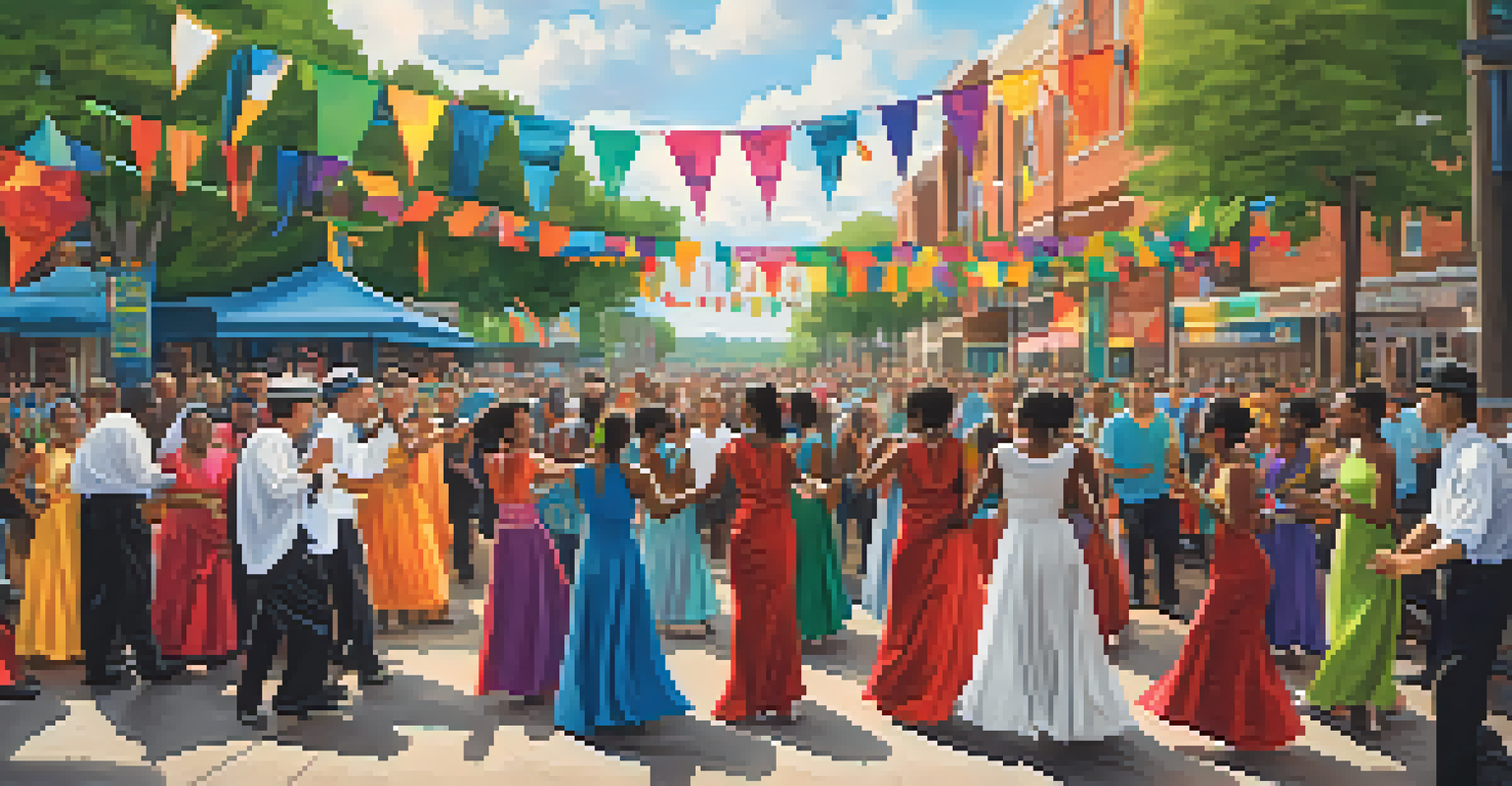 A lively community gathering in Atlanta with people dancing and celebrating Jewish culture, surrounded by colorful decorations and a city skyline.