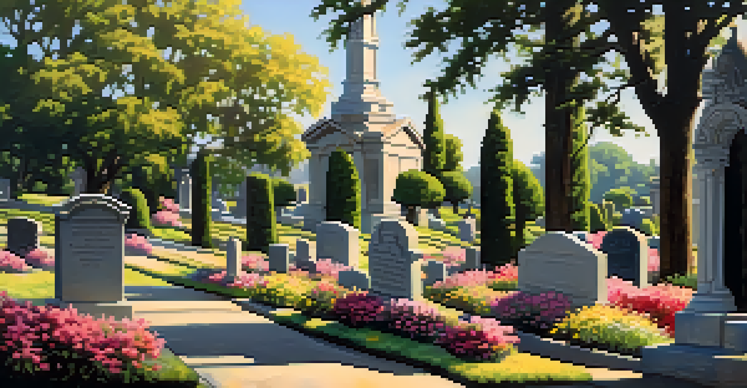 A tranquil scene in the Historic Oakland Cemetery with ornate tombstones and blooming flowers under soft sunlight.