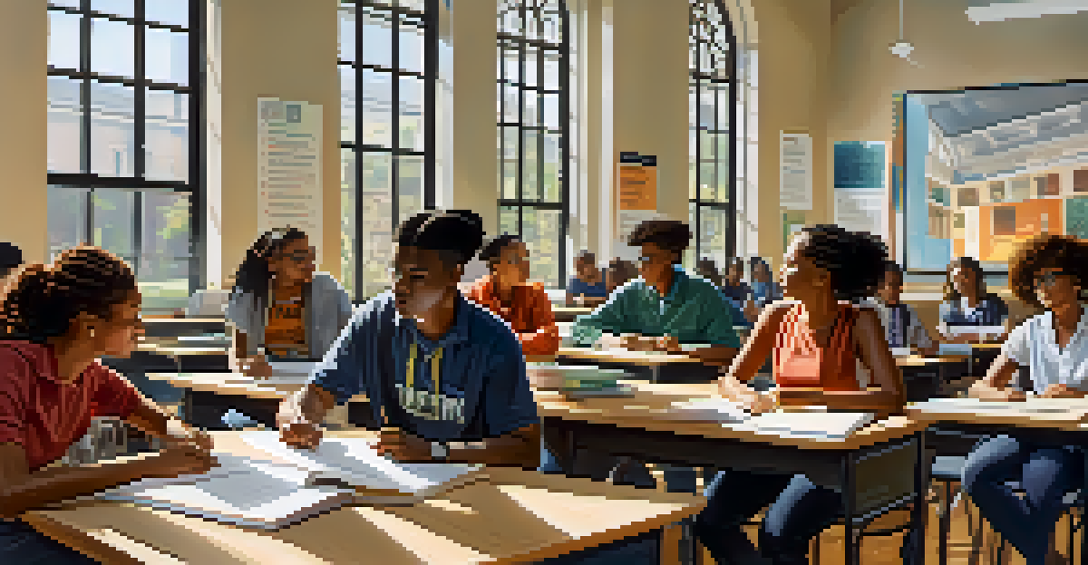 A diverse group of students engaged in discussion in a classroom at an HBCU, with educational materials and natural light enhancing the atmosphere.