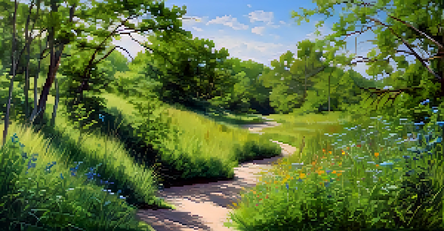 A winding trail in a park with wildflowers and tall grasses under a blue sky, with birds in the trees.