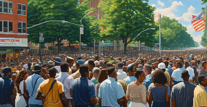 A historical scene depicting a diverse group of people gathered in Atlanta for a peaceful protest during the Civil Rights Movement, with banners and historic buildings in the background.