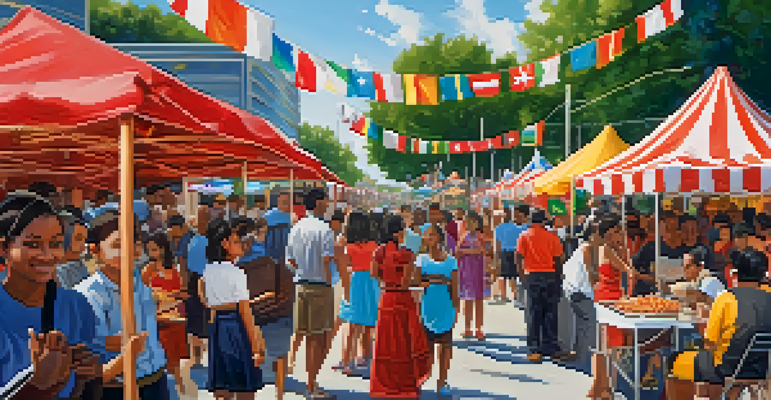 A community event in Atlanta celebrating languages, with food stalls, art, and diverse people enjoying the festivities.