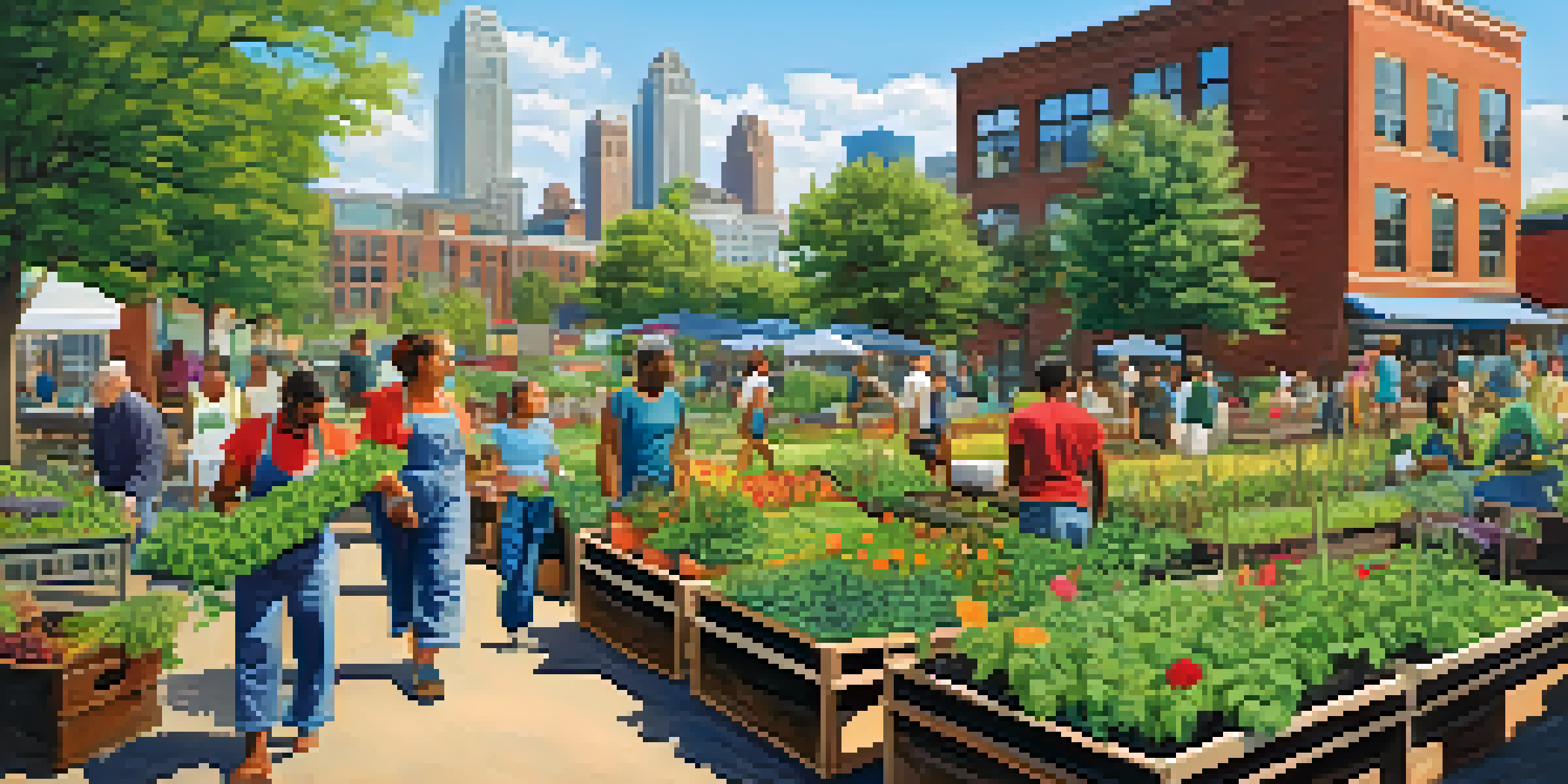 A lively community garden in Atlanta with diverse people working among colorful crops and flowers against a backdrop of city buildings.