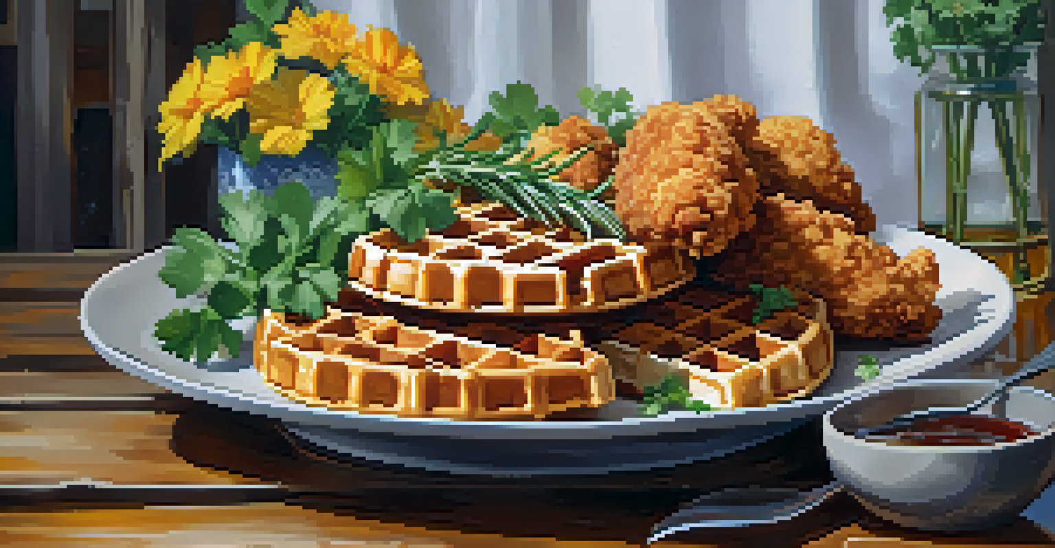 A visually appealing plate of fried chicken and waffles, garnished and beautifully presented on a rustic table.
