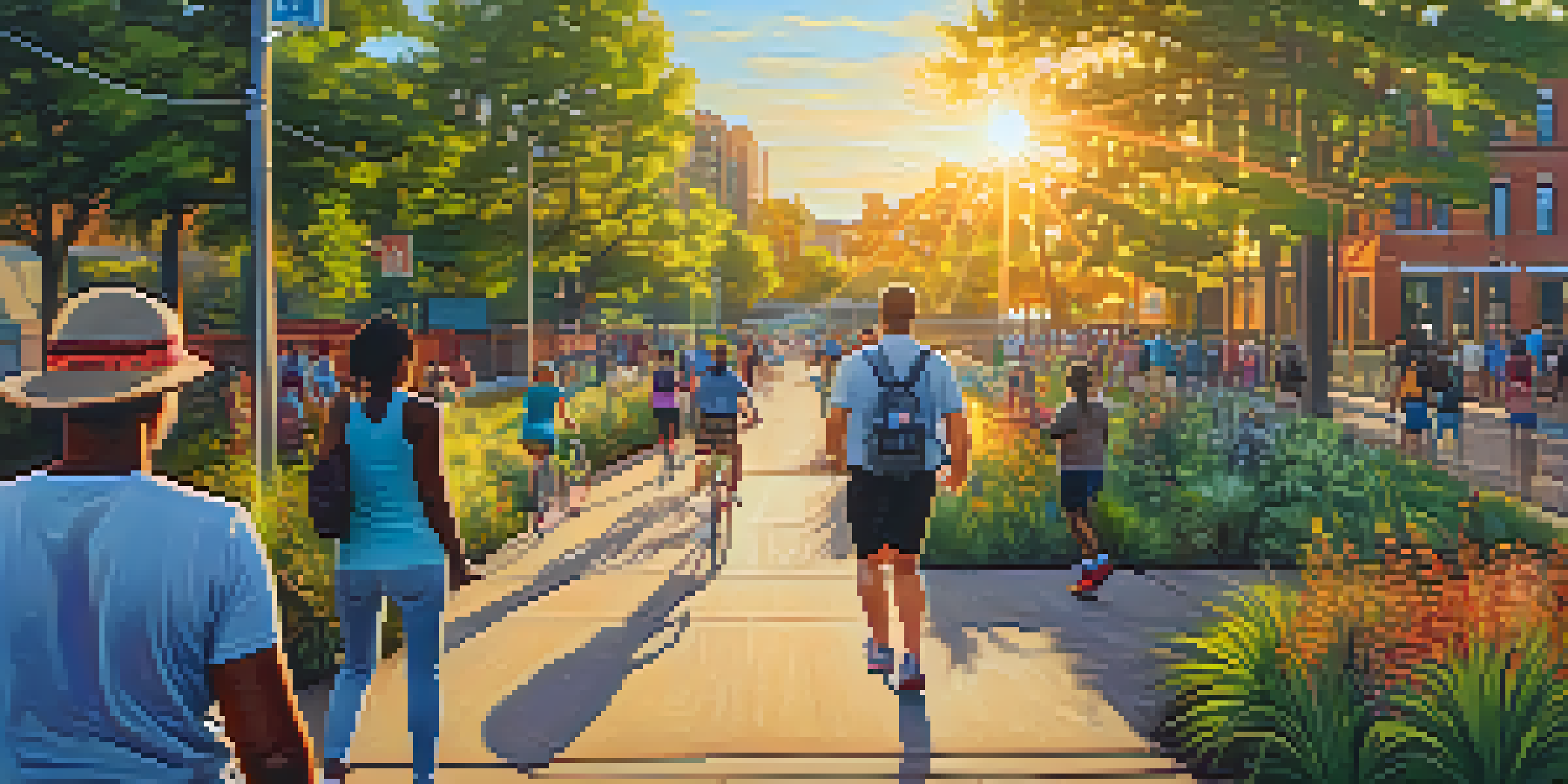 A lively urban trail in Atlanta filled with people engaging in activities like walking, jogging, and biking, surrounded by colorful murals and lush plants under a warm sunset.