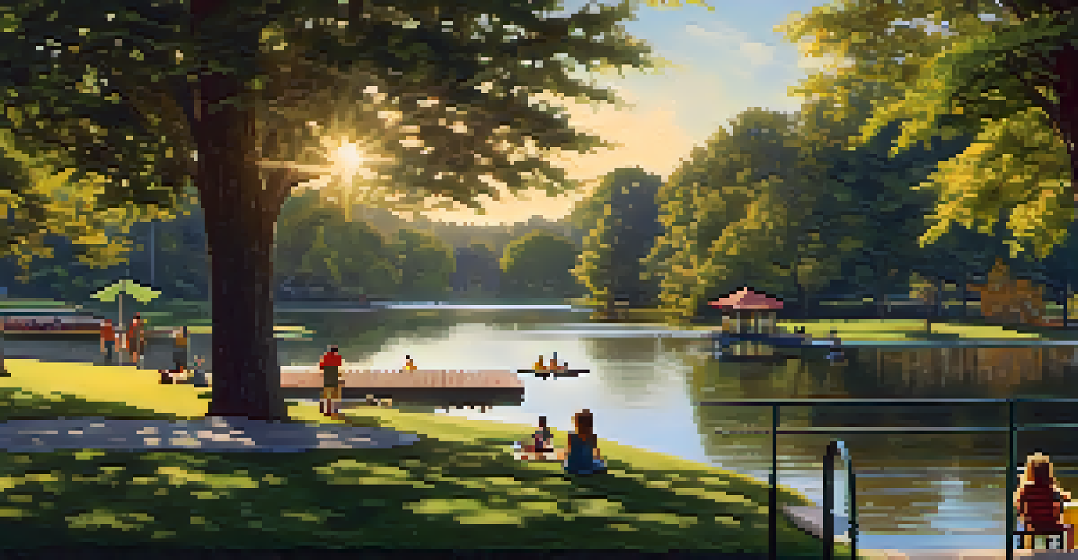 A family enjoying a picnic by the pond in Lake Claire Park, with children playing nearby.