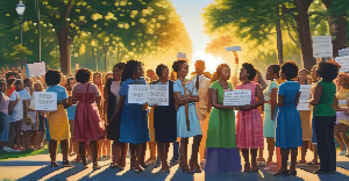 A diverse group of women standing together at a civil rights rally, holding signs for justice in a park with green trees and colorful flowers under a sunset.