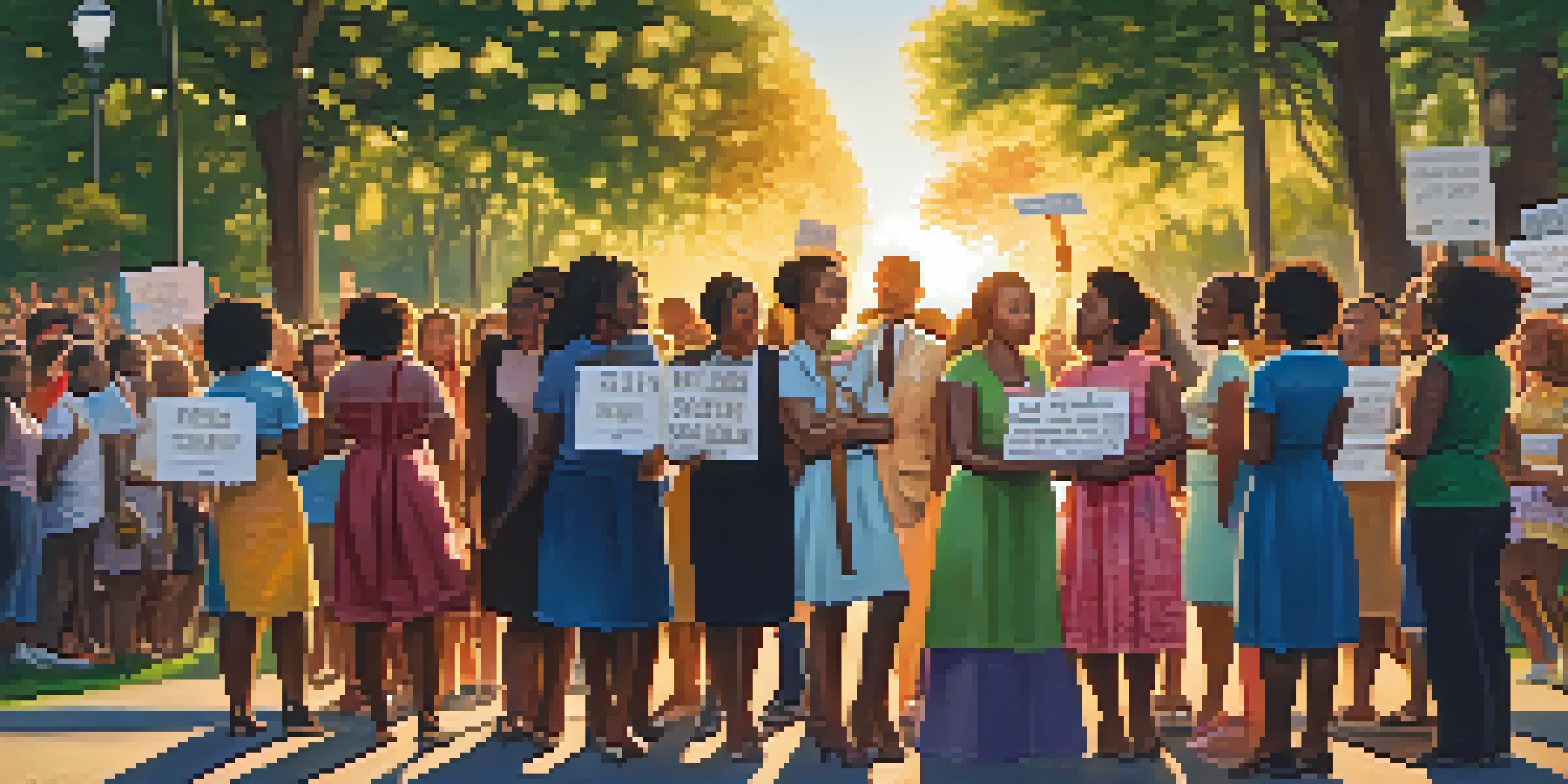 A diverse group of women standing together at a civil rights rally, holding signs for justice in a park with green trees and colorful flowers under a sunset.