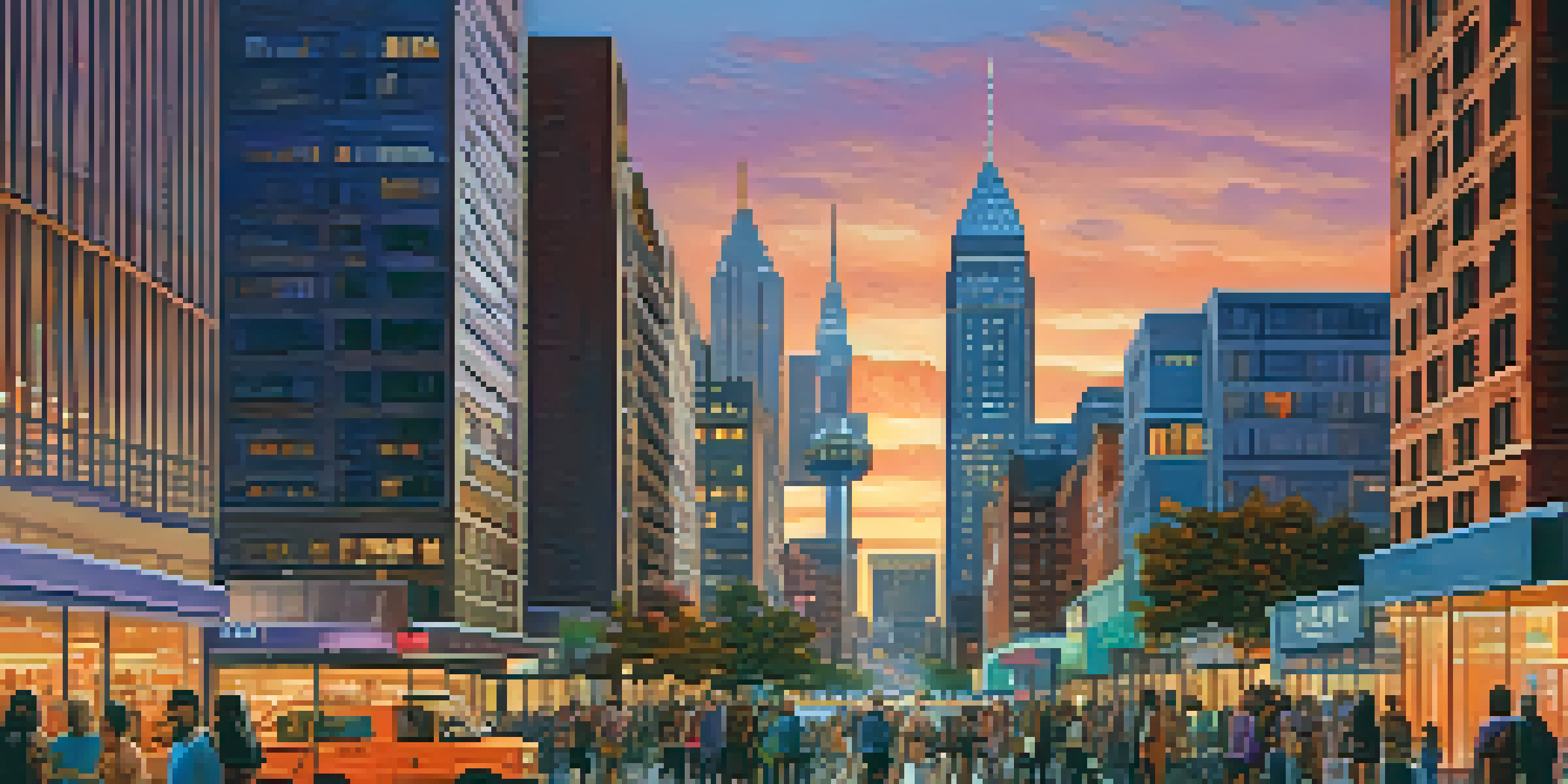 A sunset view of Atlanta's skyline with diverse people on the street, symbolizing the city's tech hub.