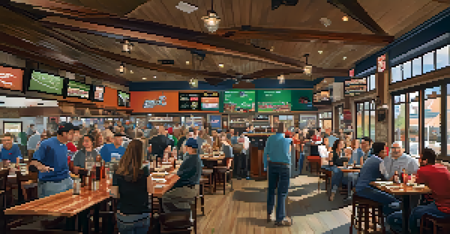 A bustling local restaurant on game day with customers watching a sports event, enjoying food and drinks, surrounded by team decorations.