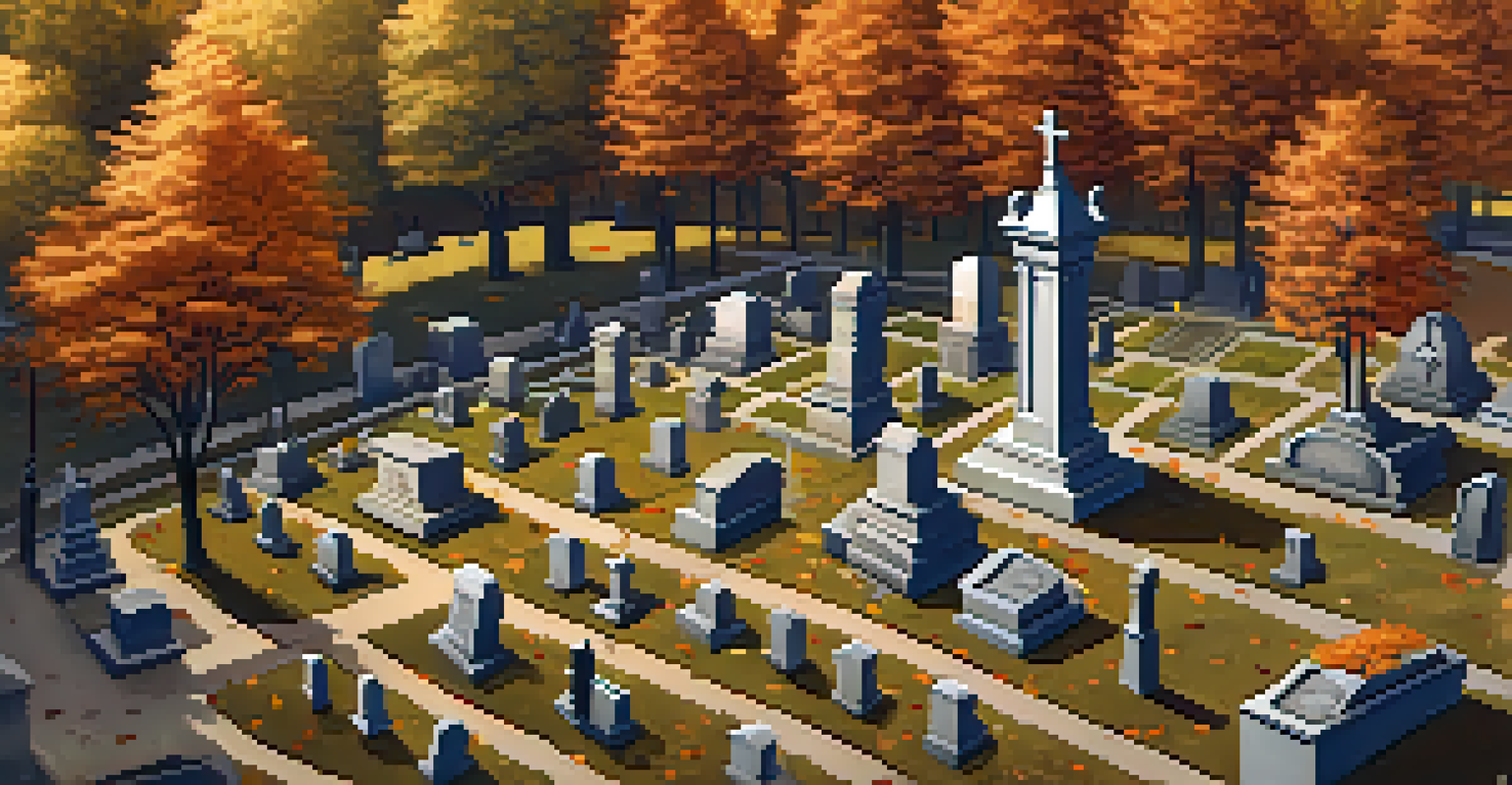 Aerial view of a historic cemetery showing distinct sections and colorful autumn foliage.