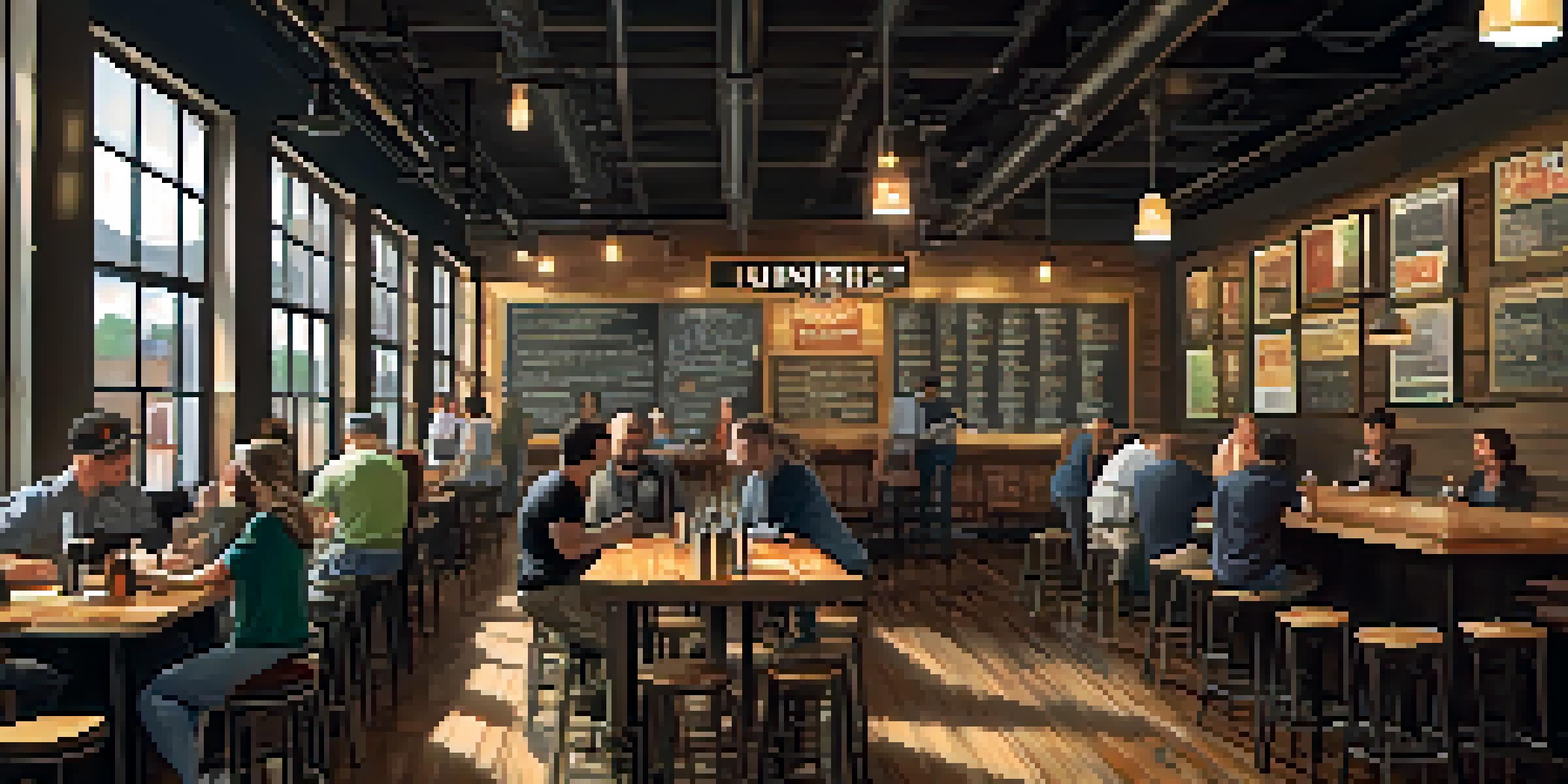 Interior of a cozy brewery in Atlanta with patrons enjoying craft beer at rustic wooden tables and vintage beer advertisements on the walls.