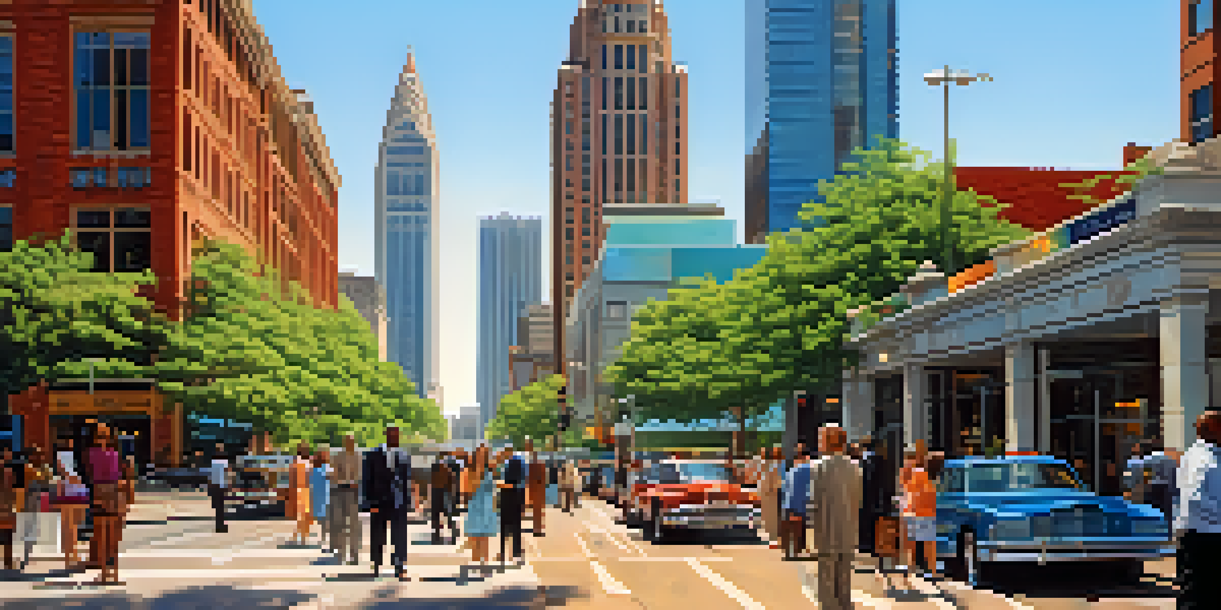 A vibrant street scene in Atlanta with diverse professionals and a mix of modern and historic architecture under a clear sky.