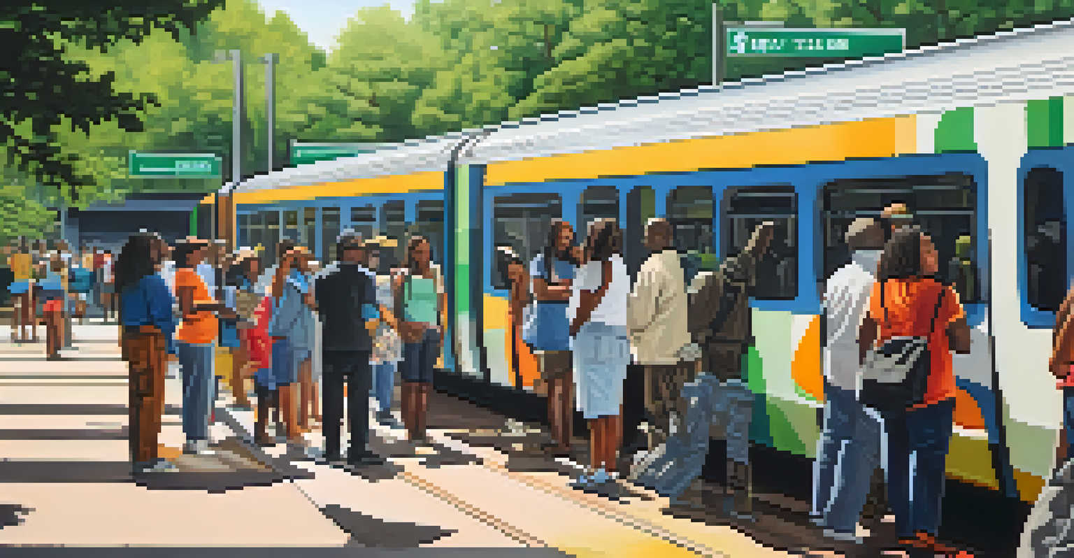 Diverse sculptures representing local culture at a MARTA station, surrounded by greenery and people admiring the art under a sunny sky.