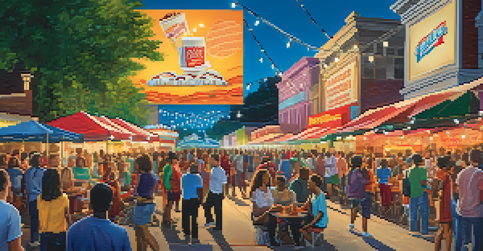 A lively street scene in Atlanta during an outdoor film festival, featuring a diverse crowd, food stalls, and a large movie screen under string lights.
