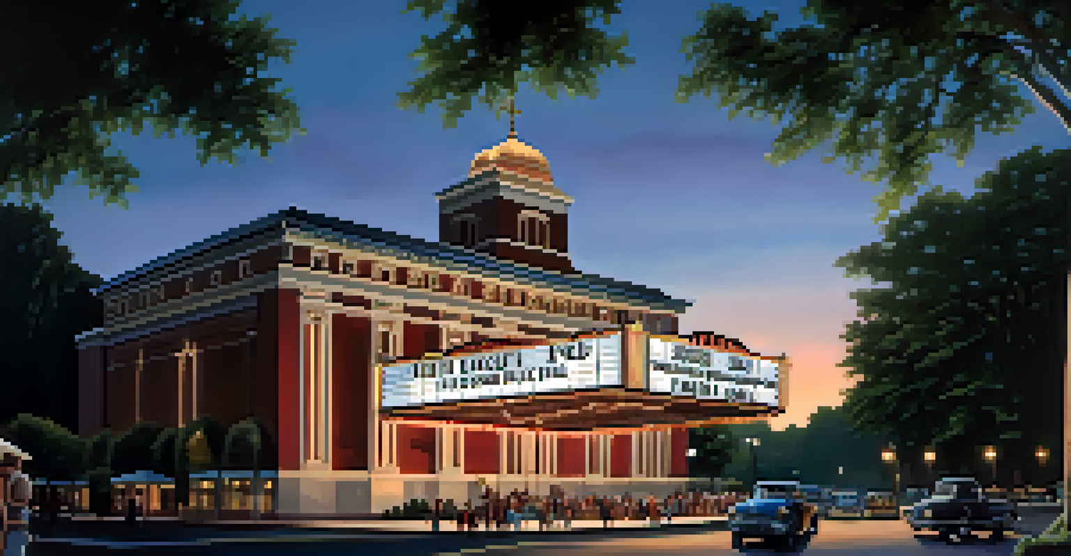 The Tabernacle building illuminated at dusk, showcasing its architecture with a concert marquee and surrounding trees.