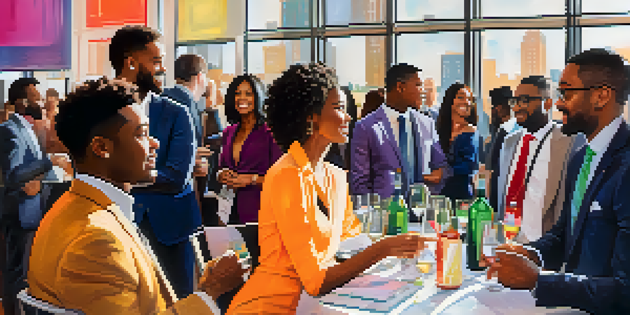 A lively networking event in Atlanta with diverse young professionals interacting and sharing ideas.