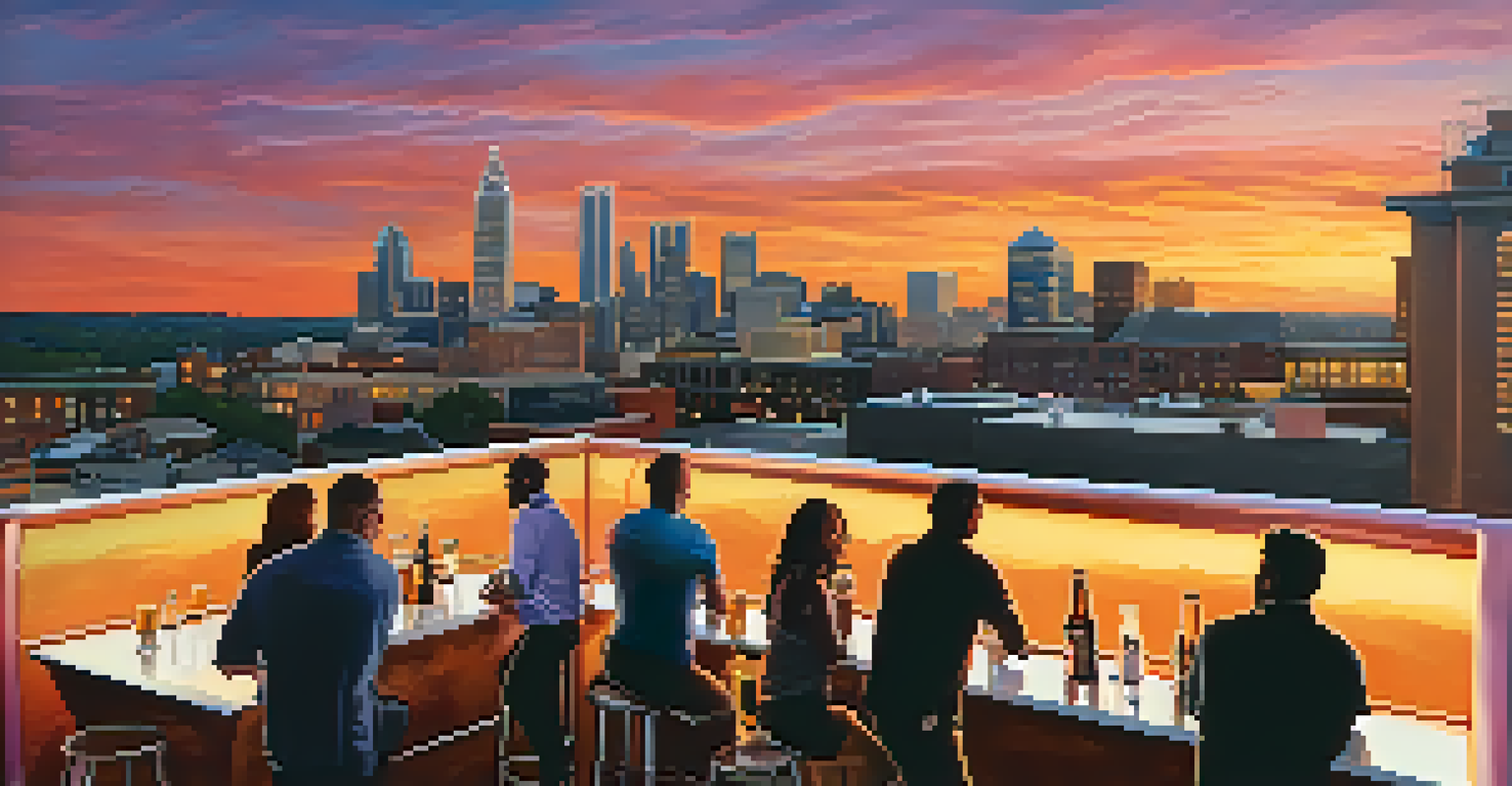 A stunning sunset view from the rooftop bar of New Realm Brewing, showcasing the Atlanta skyline and patrons enjoying their drinks.