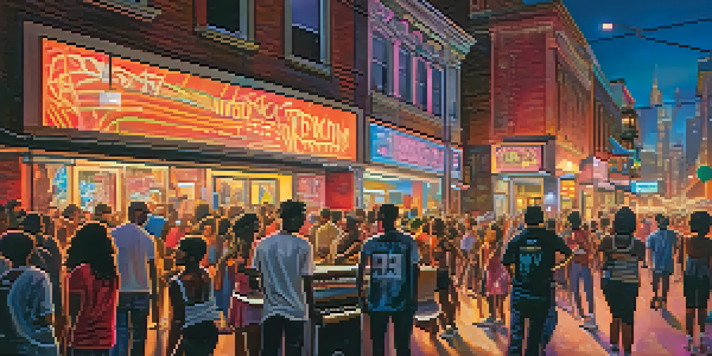 A lively Atlanta street scene with musicians performing and fans dancing in front of a graffiti-covered underground music venue.