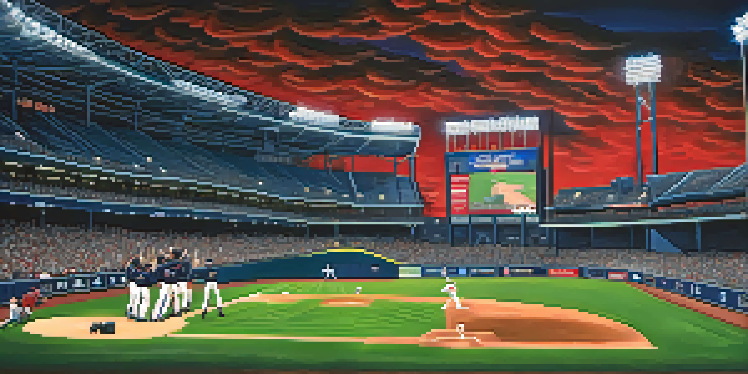 A night baseball game at the Atlanta Braves stadium, featuring players in action and enthusiastic fans in the stands.