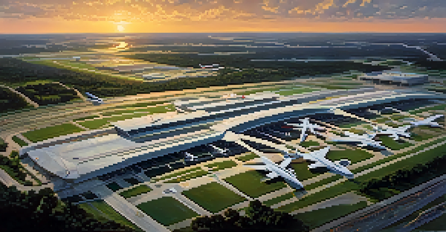Aerial view of Hartsfield-Jackson Atlanta International Airport with planes in action and the city skyline at sunset.