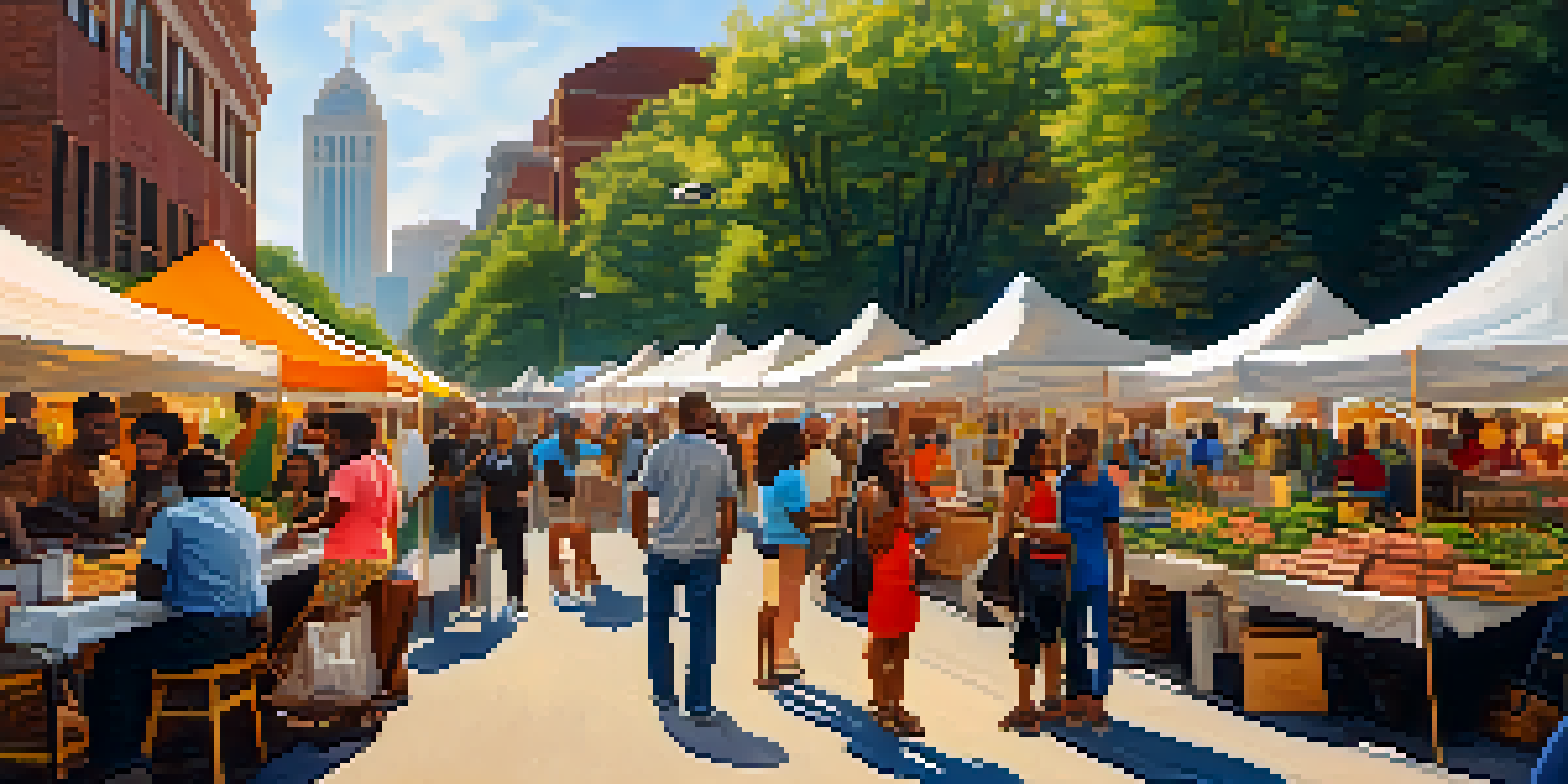 A lively outdoor market in Atlanta with diverse entrepreneurs showcasing their products amidst colorful tents and greenery.