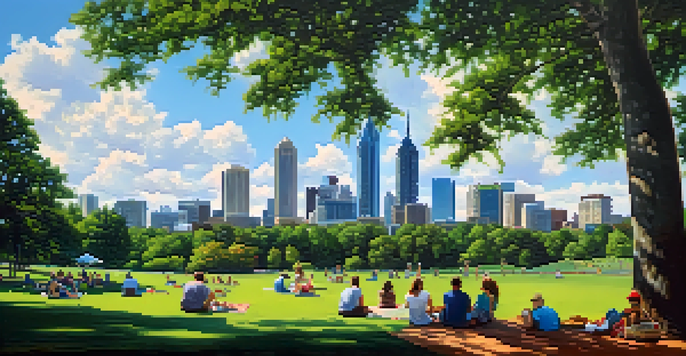 A wide view of Piedmont Park with people enjoying picnics and the Atlanta skyline in the background.