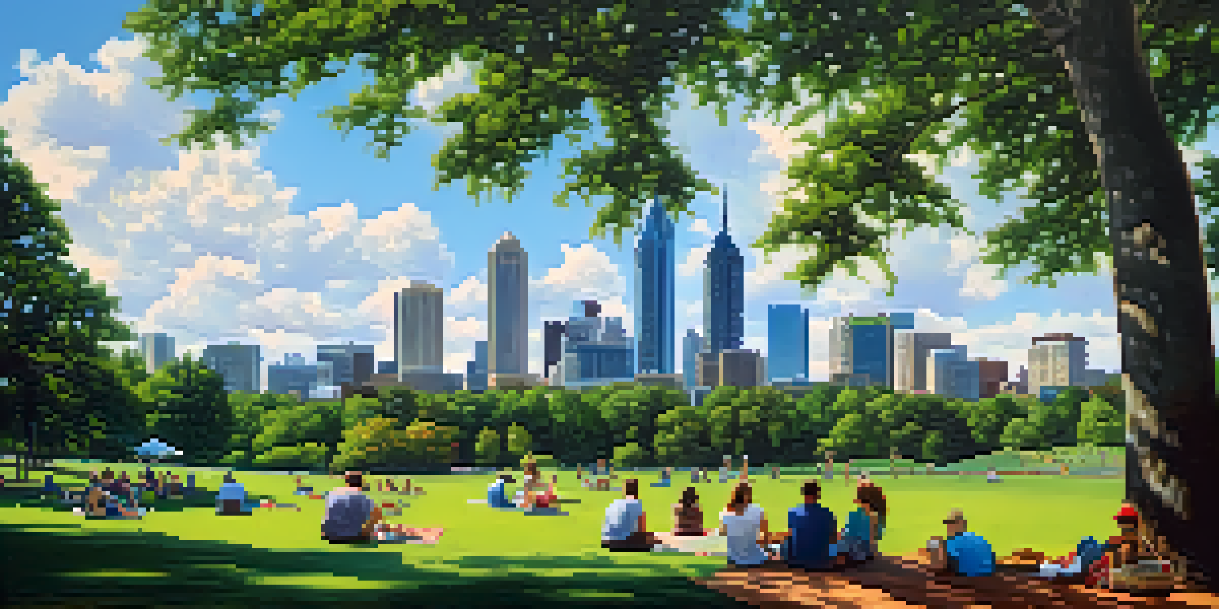 A wide view of Piedmont Park with people enjoying picnics and the Atlanta skyline in the background.