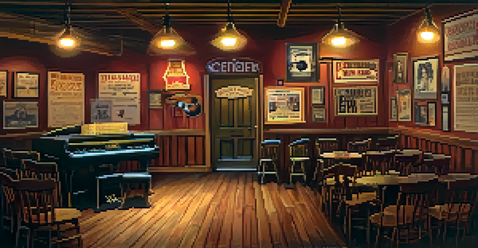 A cozy interior of a country music venue with a small stage, vintage posters, and warm lighting, creating an inviting atmosphere.