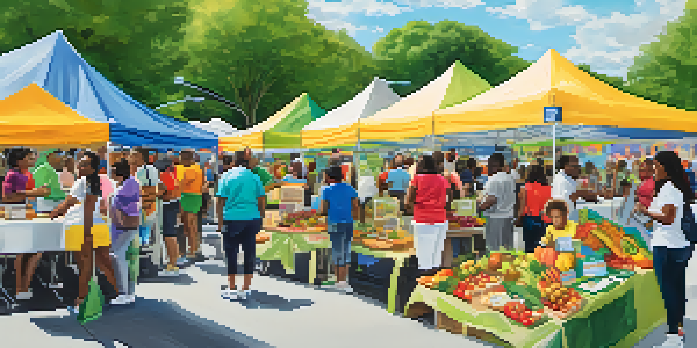A lively community health fair in Atlanta with diverse participants engaging in health activities, colorful booths, and sunny weather.