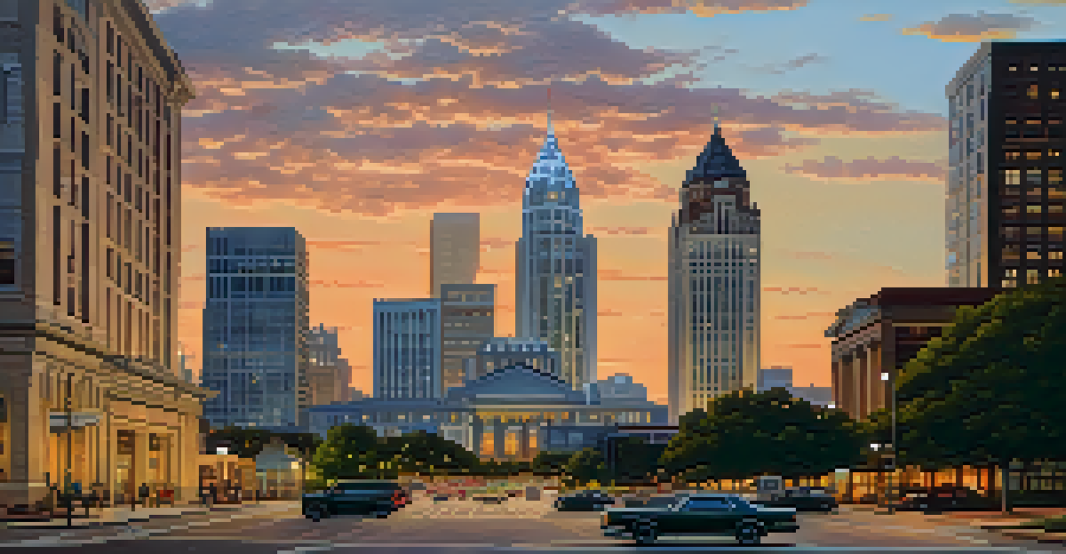 A cityscape of Atlanta showing modern skyscrapers and historical buildings during sunset.