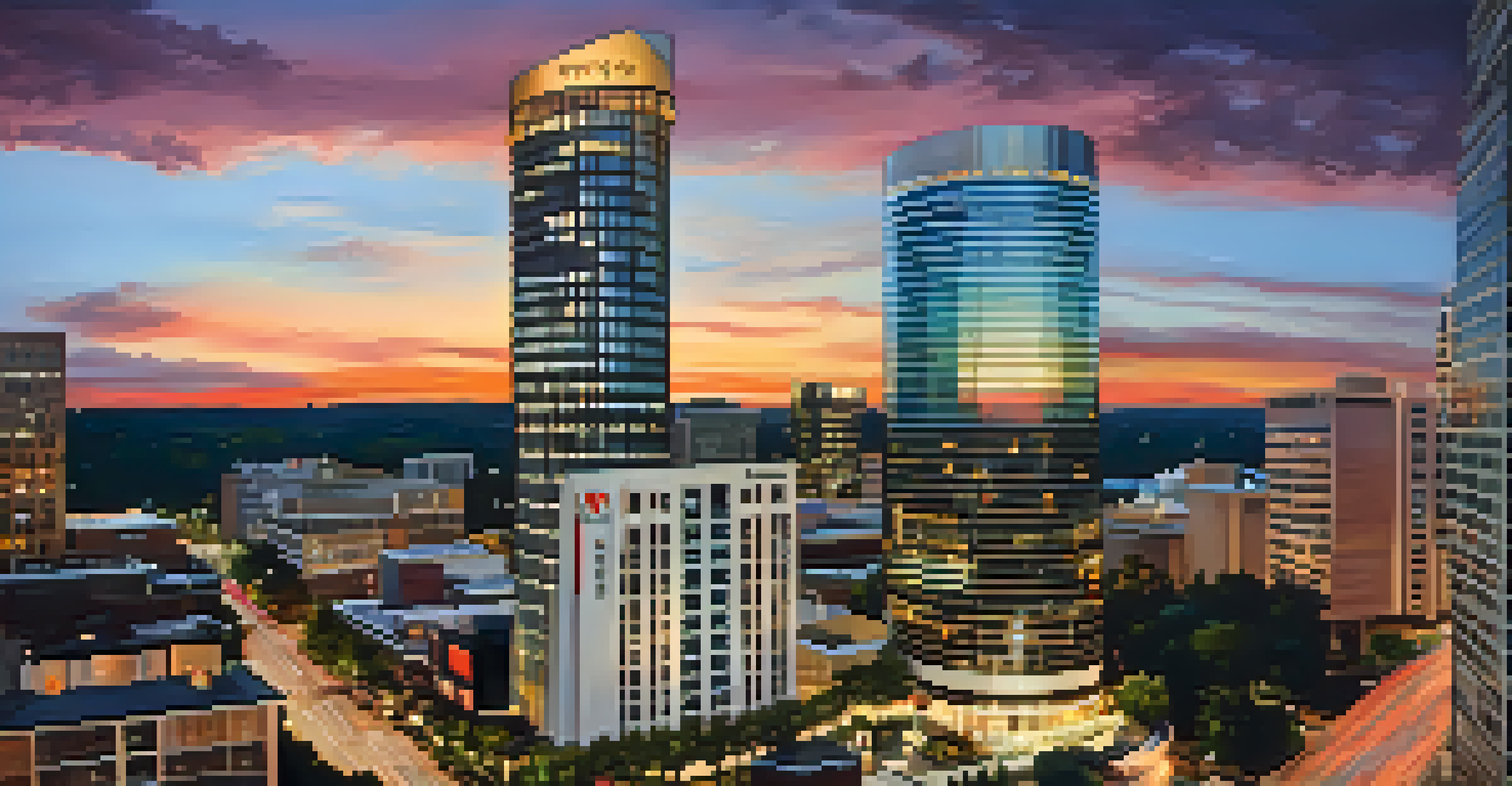 Aerial view of the Westin Peachtree Plaza against the Atlanta skyline at sunset, showcasing its cylindrical shape and vibrant colors.
