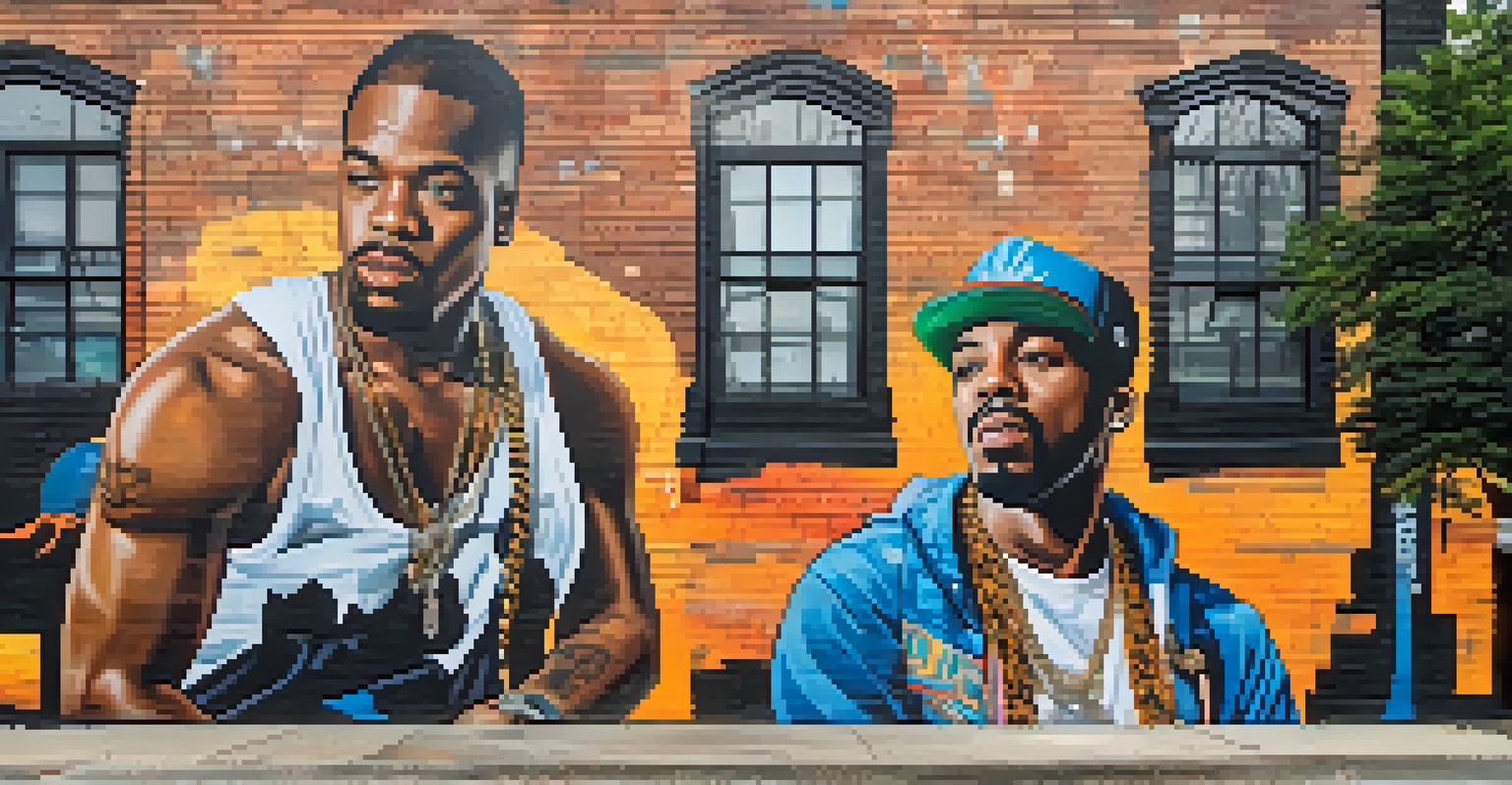 A colorful mural in Atlanta depicting hip hop legends, with people admiring the vibrant street art in an urban neighborhood.