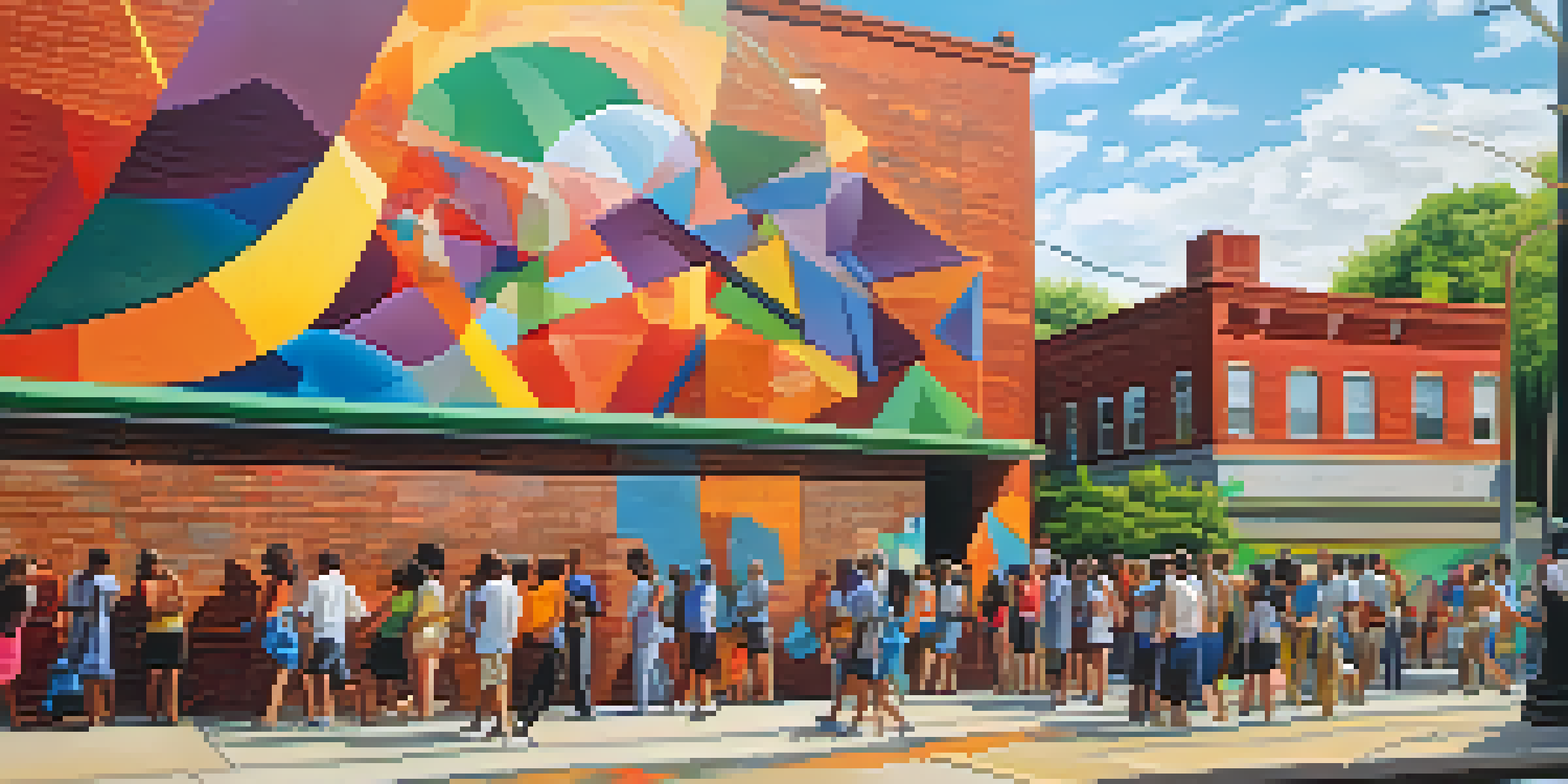 A vibrant street scene in Atlanta with a large, colorful mural on a brick wall and people admiring it.