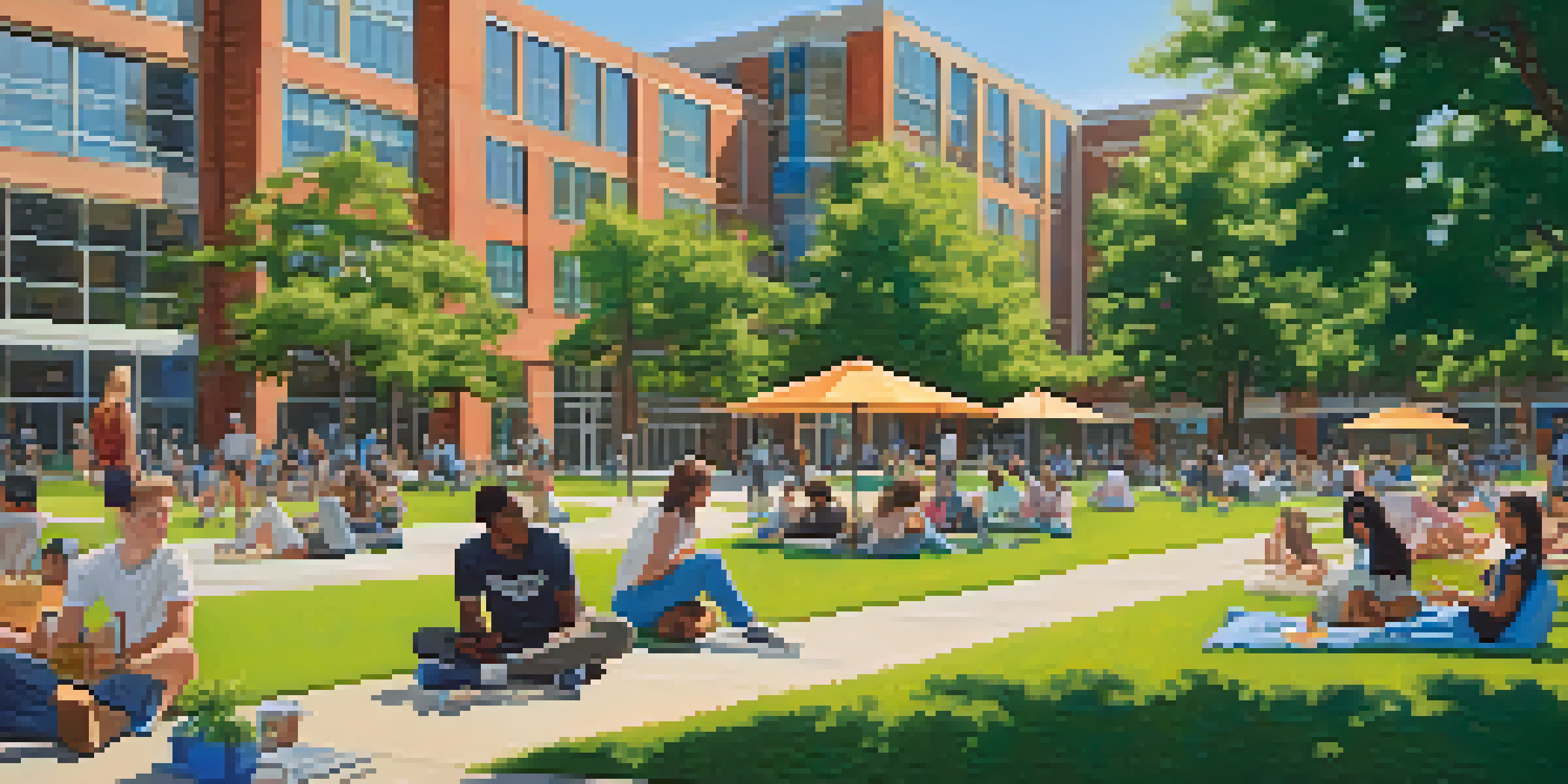 A lively university campus with students of different backgrounds participating in activities under a sunny sky.