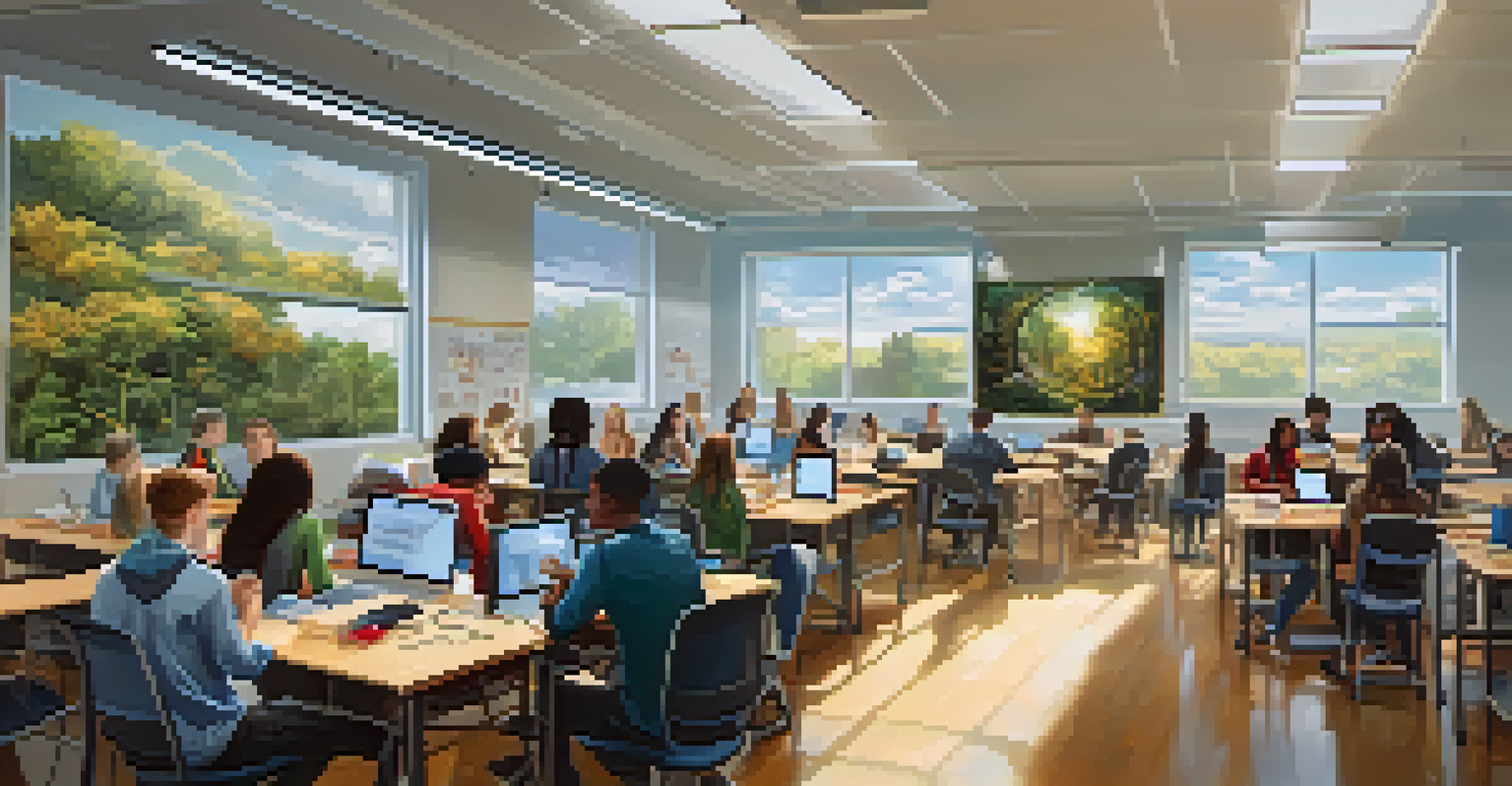 A university classroom with students collaborating on innovative projects, surrounded by modern technology and creative artwork under natural light.