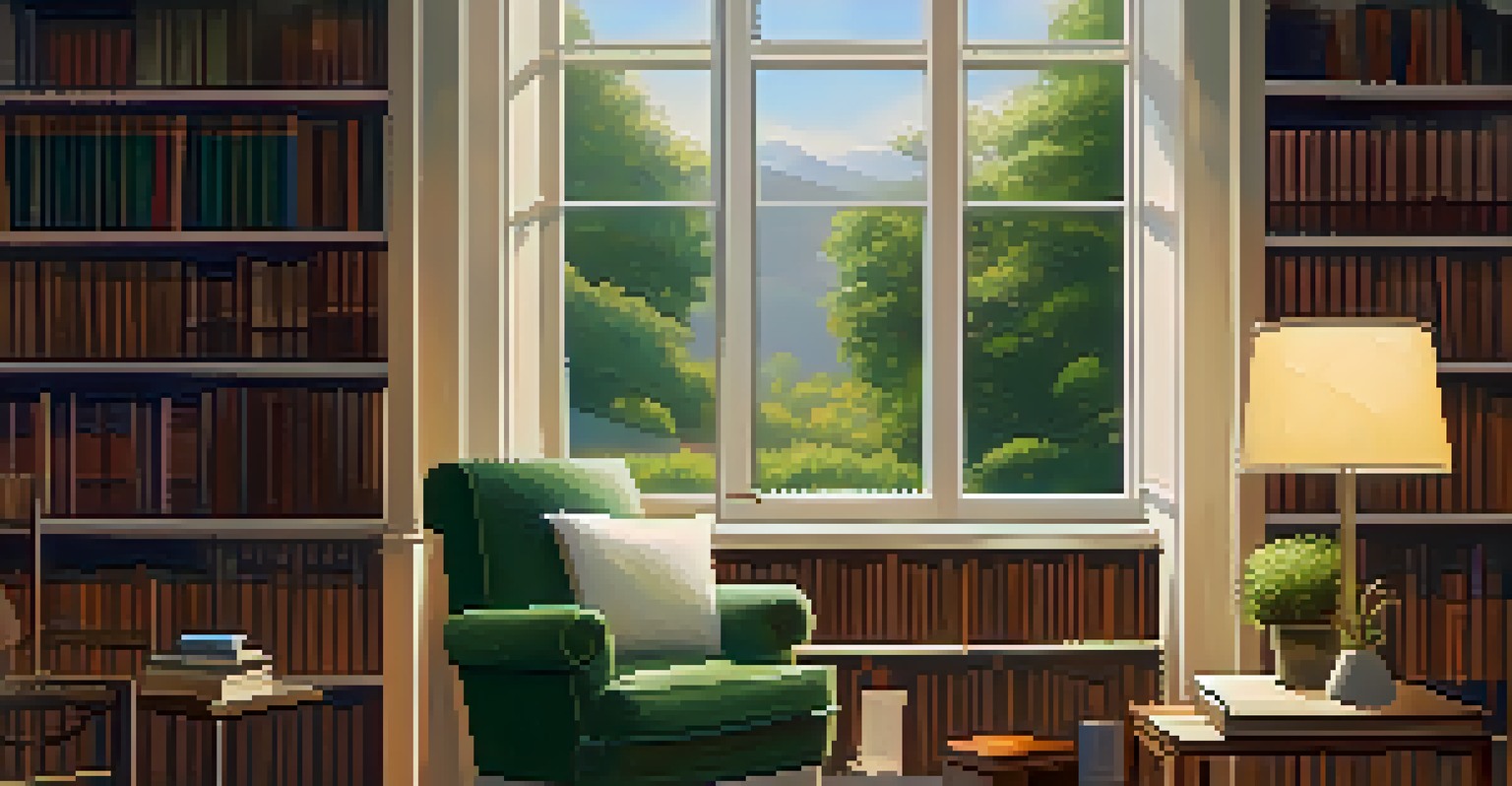 A serene reading nook in a library with a cozy armchair, a cup of coffee, and a stack of books, illuminated by soft lighting.