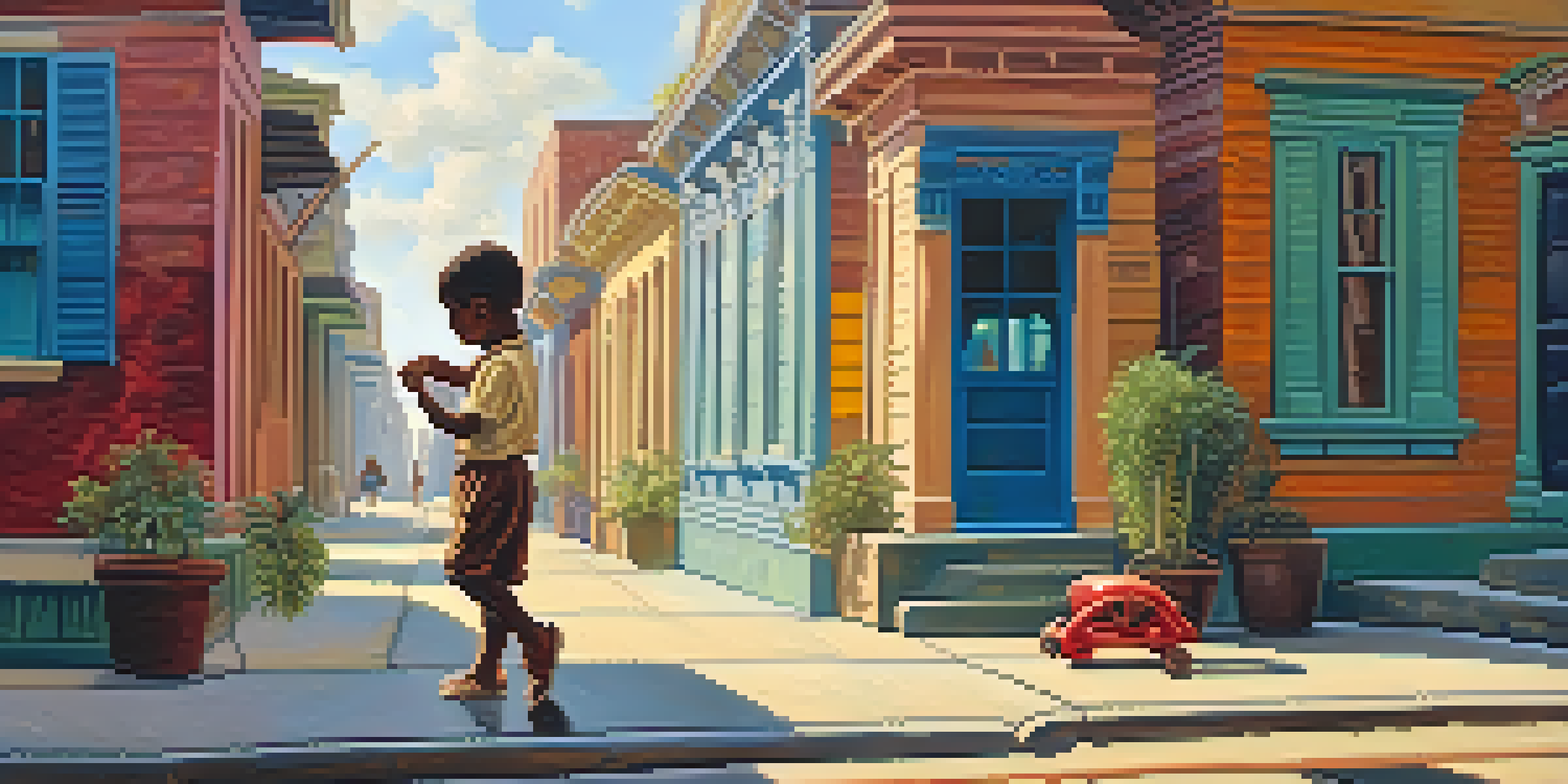 A young African American boy playing with a handmade toy on the sidewalk in a colorful New Orleans street during the 1930s.