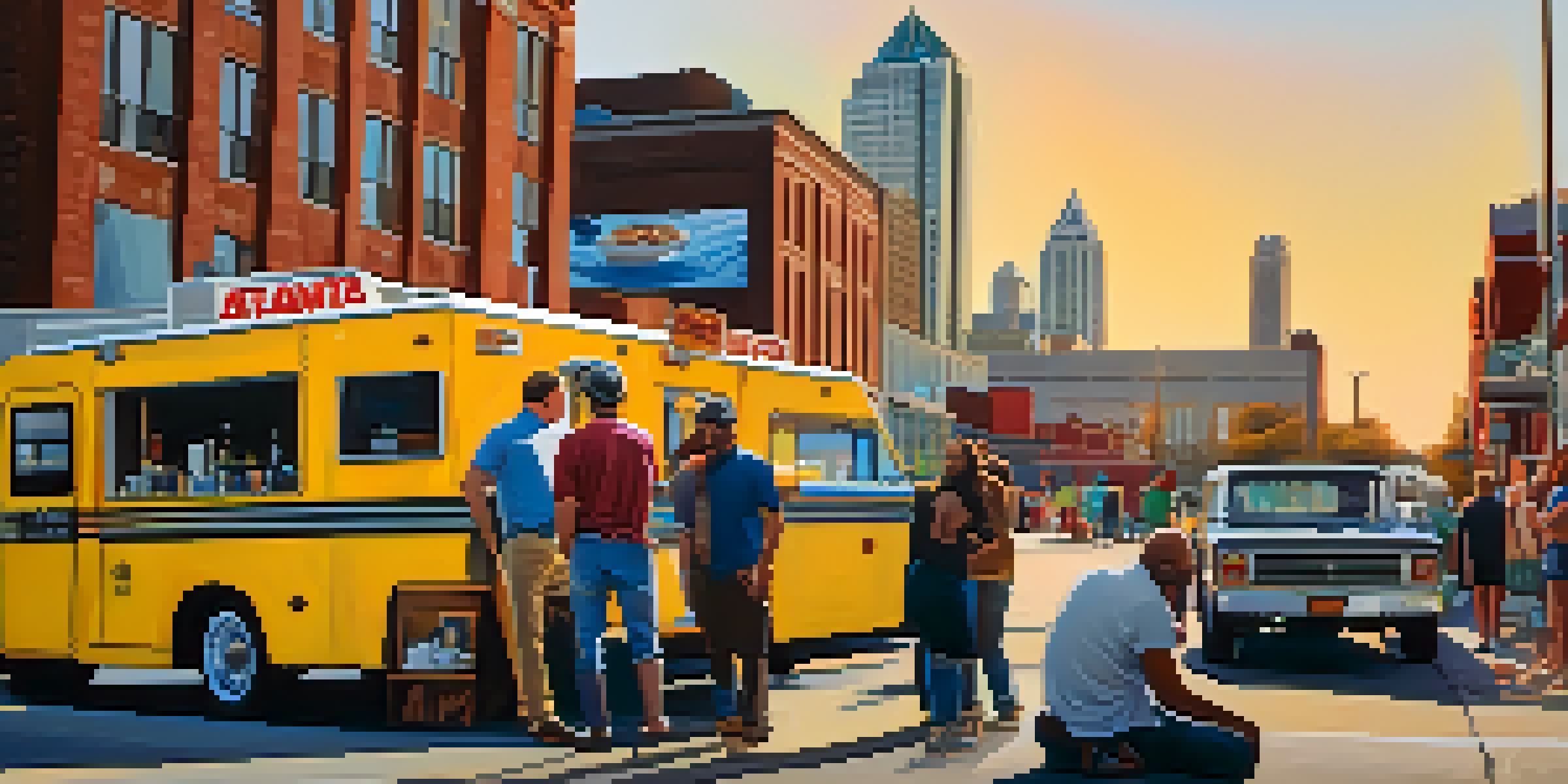A lively street scene in Atlanta with a film crew, vintage camera, and food trucks during golden hour.