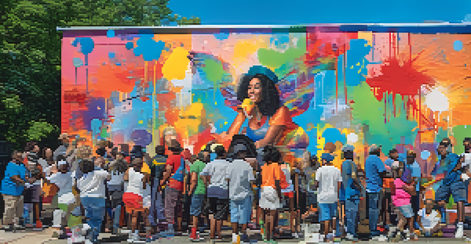 A group of artists painting a large mural with community members interacting around them.