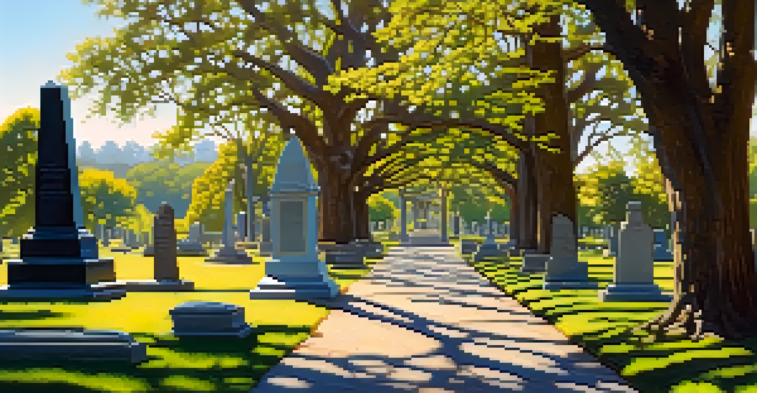 A peaceful view of Oakland Cemetery with gravestones and visitors walking through landscaped grounds under sunlight.