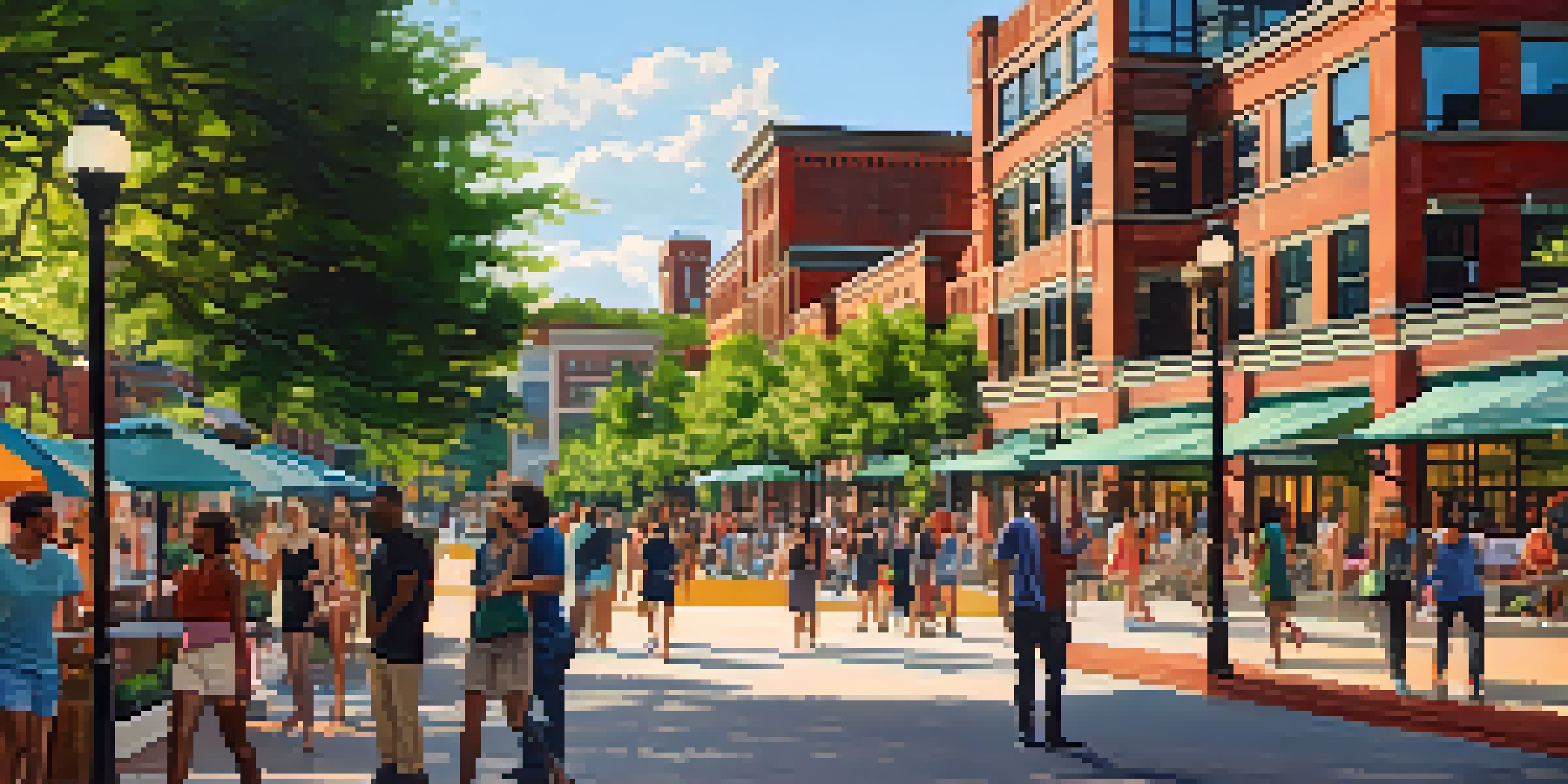 An urban scene in Atlanta featuring a historic mixed-use building, with people enjoying shopping and relaxing in a park, surrounded by greenery.