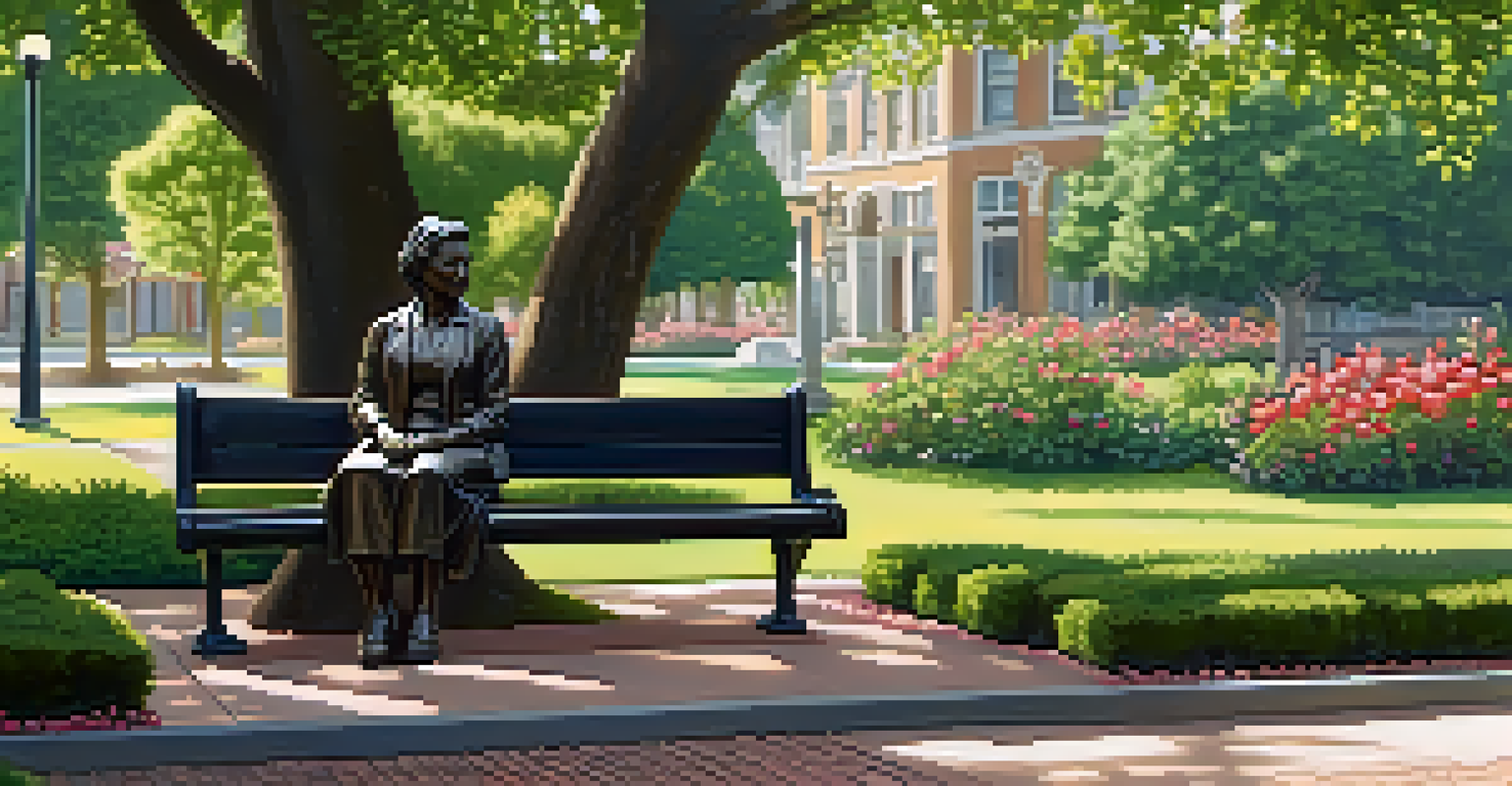 A park scene with a bronze statue of Rosa Parks sitting on a bus seat, surrounded by flowers and trees, conveying a sense of tranquility.
