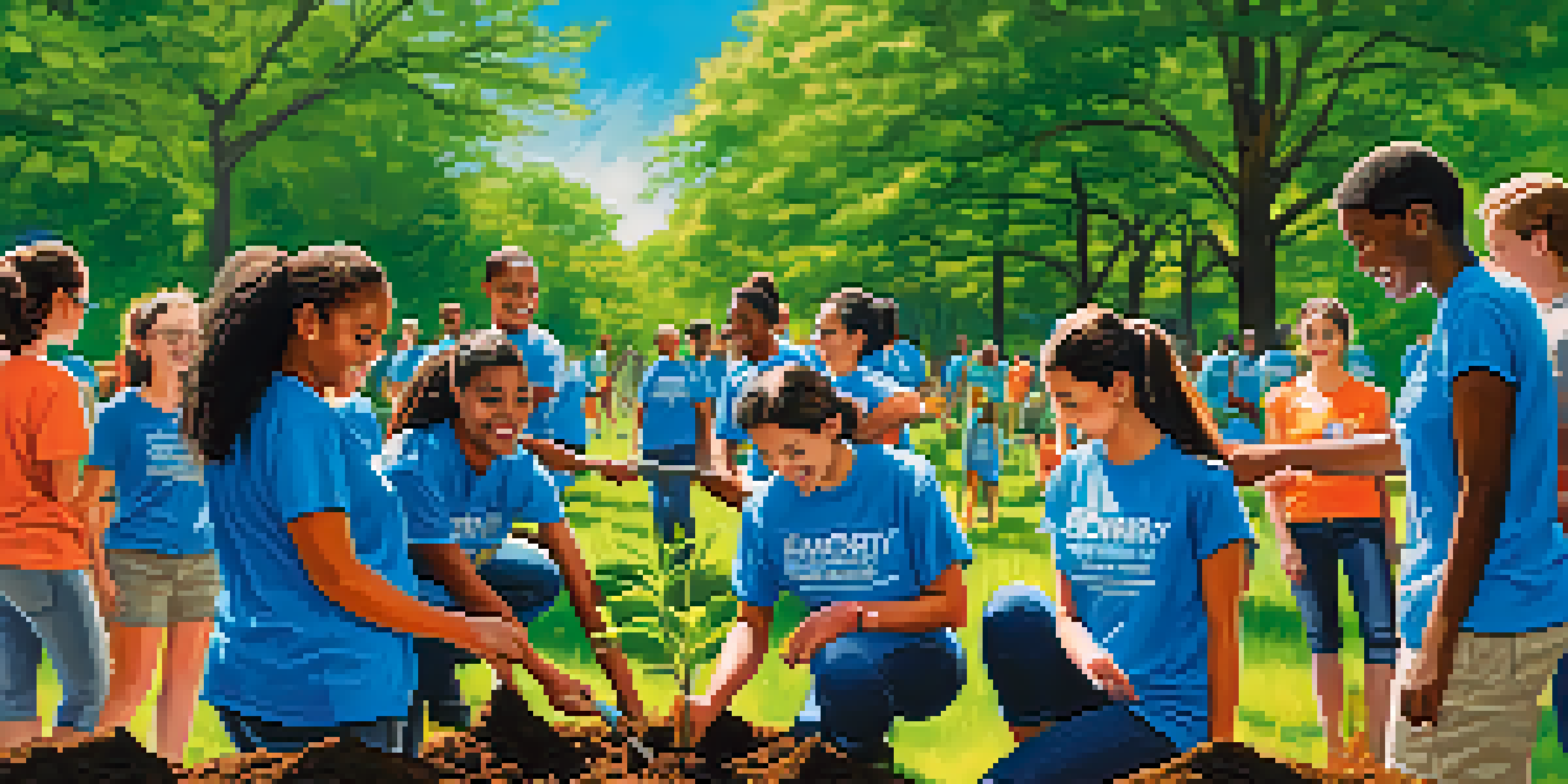 Students from Emory University planting trees in a park, showcasing community service and teamwork.