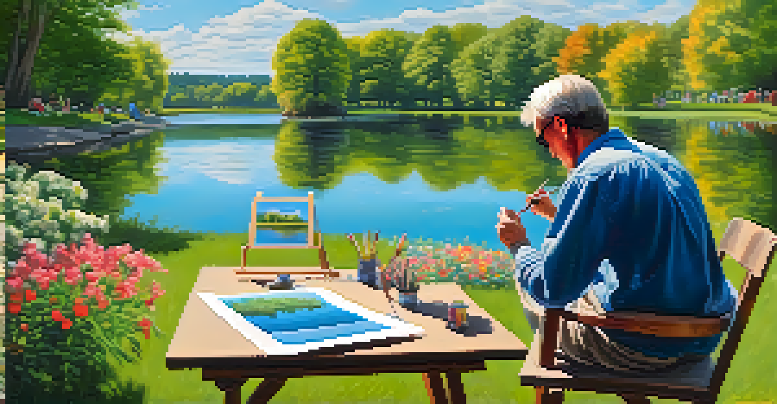 An artist painting a colorful landscape by a lake with other artists in a green park.