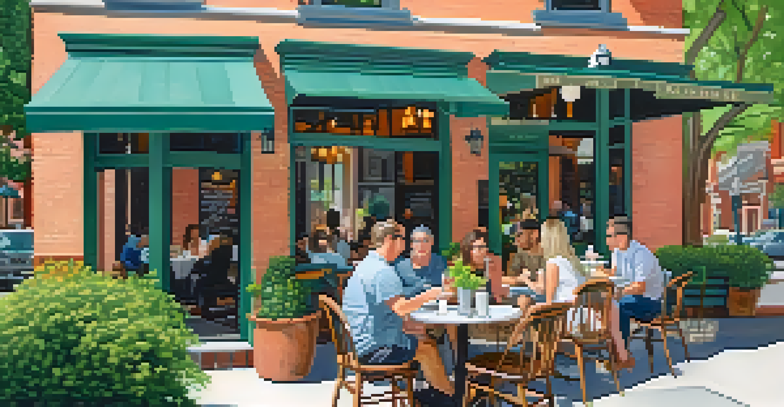 A quaint café with outdoor seating in Inman Park, filled with diners and surrounded by lush greenery and historic buildings.