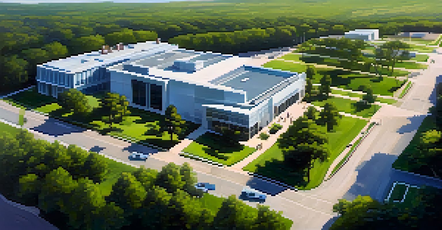 An aerial view of Tyler Perry Studios in Atlanta, surrounded by greenery and modern buildings under a clear blue sky.