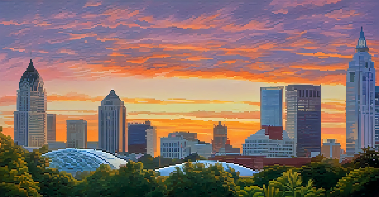 A stunning sunset view of the Atlanta skyline with the High Museum of Art and lush greenery in the foreground.