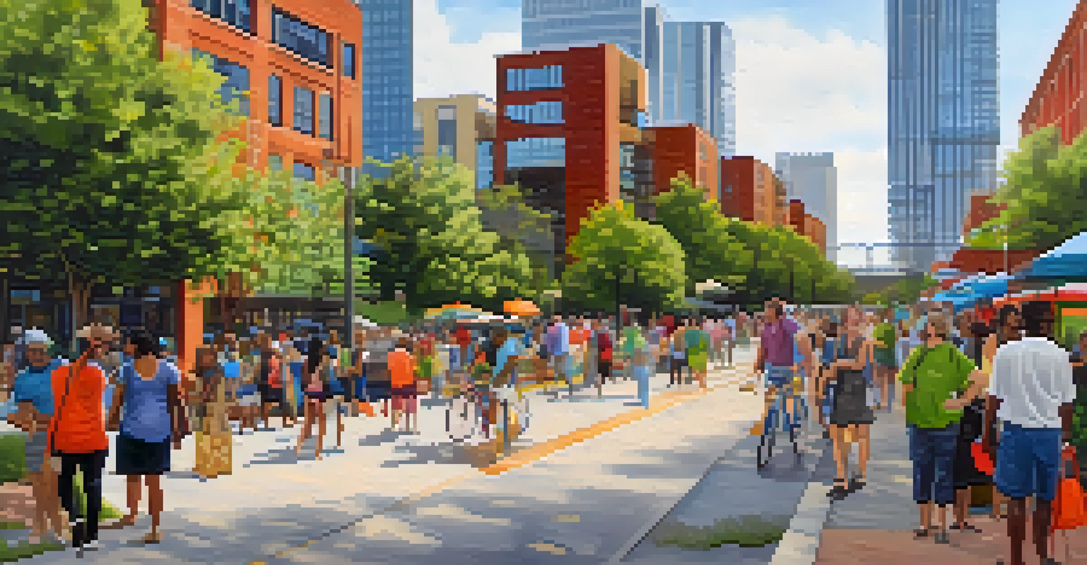People walking and biking along the Atlanta BeltLine, with art installations and local vendors in view.