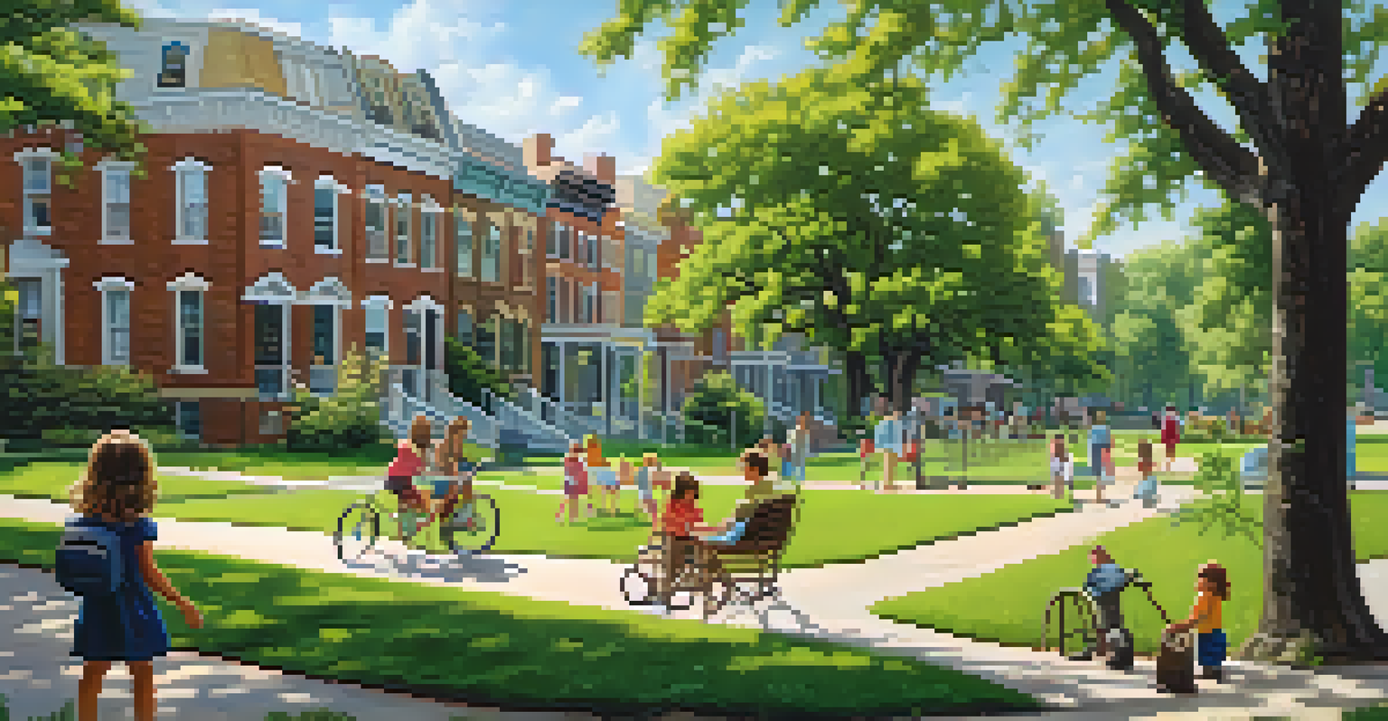 A peaceful park scene in Old Fourth Ward with families playing, historic buildings, and blooming nature in the background.